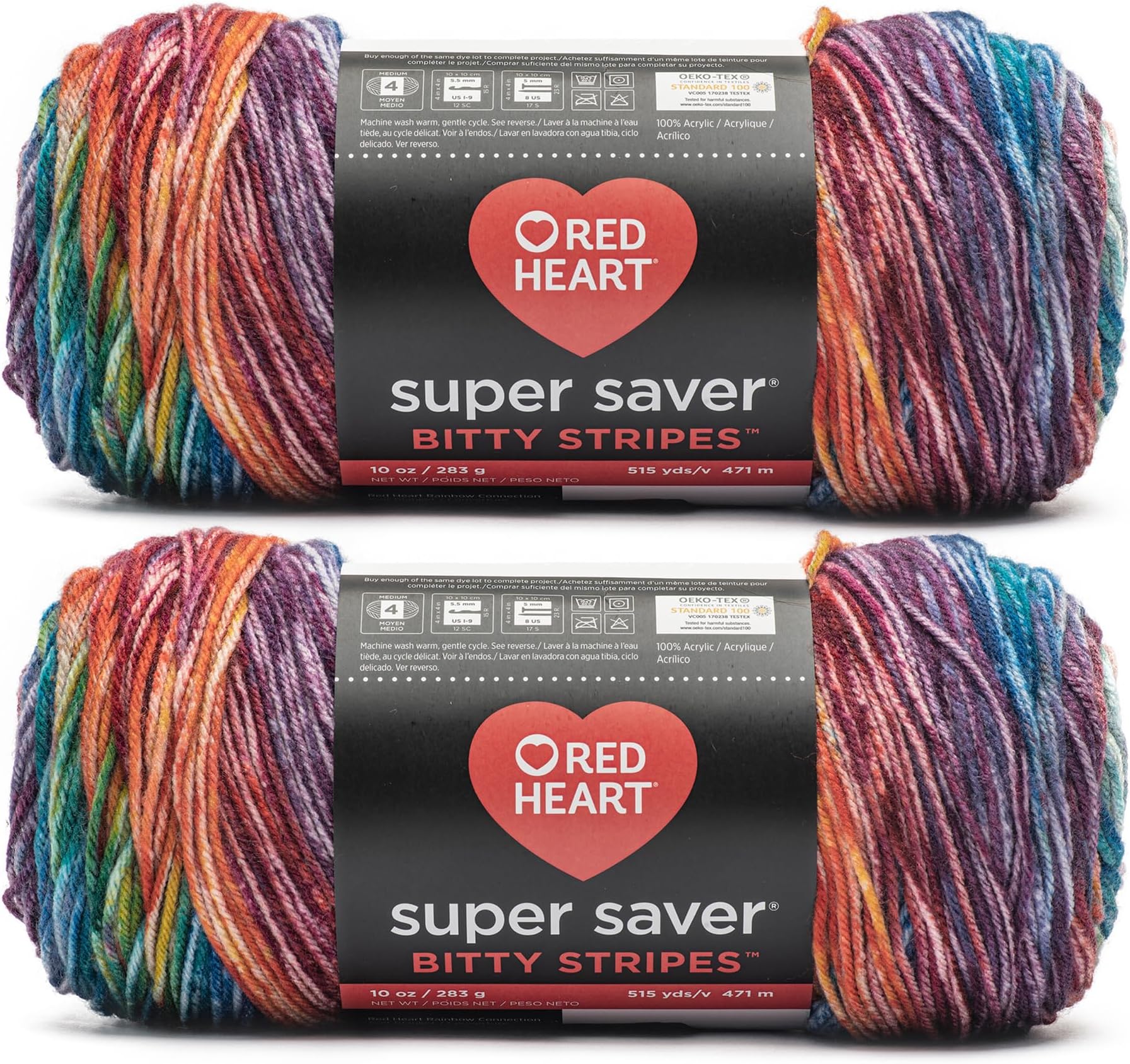 Red Heart Super Saver Bitty Stripe Crayon Box Yarn - 2 Pack of 10oz/283g - 100% Acrylic - #4 Worsted (Medium) - 515 Yards - Knitting/Crochet