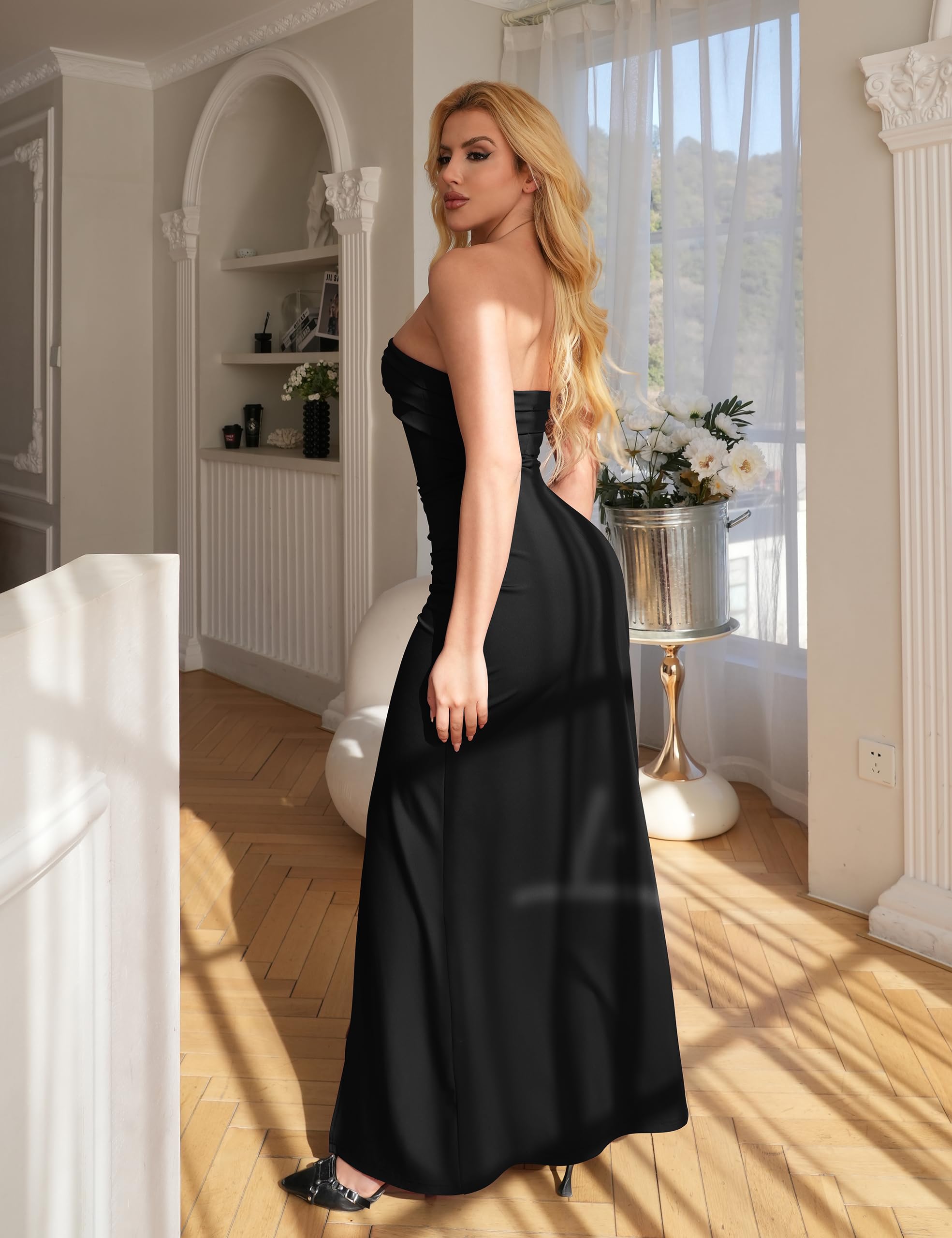 YMDUCH Women's Elegant Strapless Bodycon Ruched Ruffle High Split Long Formal Evening Dress