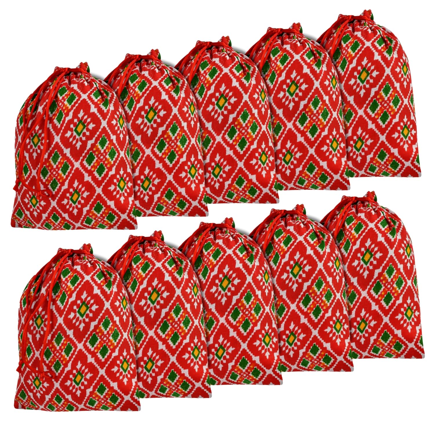 kuber industries potli | silk wedding potli | drawstring closure potli | wallet potli | christmas gift potli | baby shower potli | medium-patola-print potli | 7x9 inch | pack of 10 | red