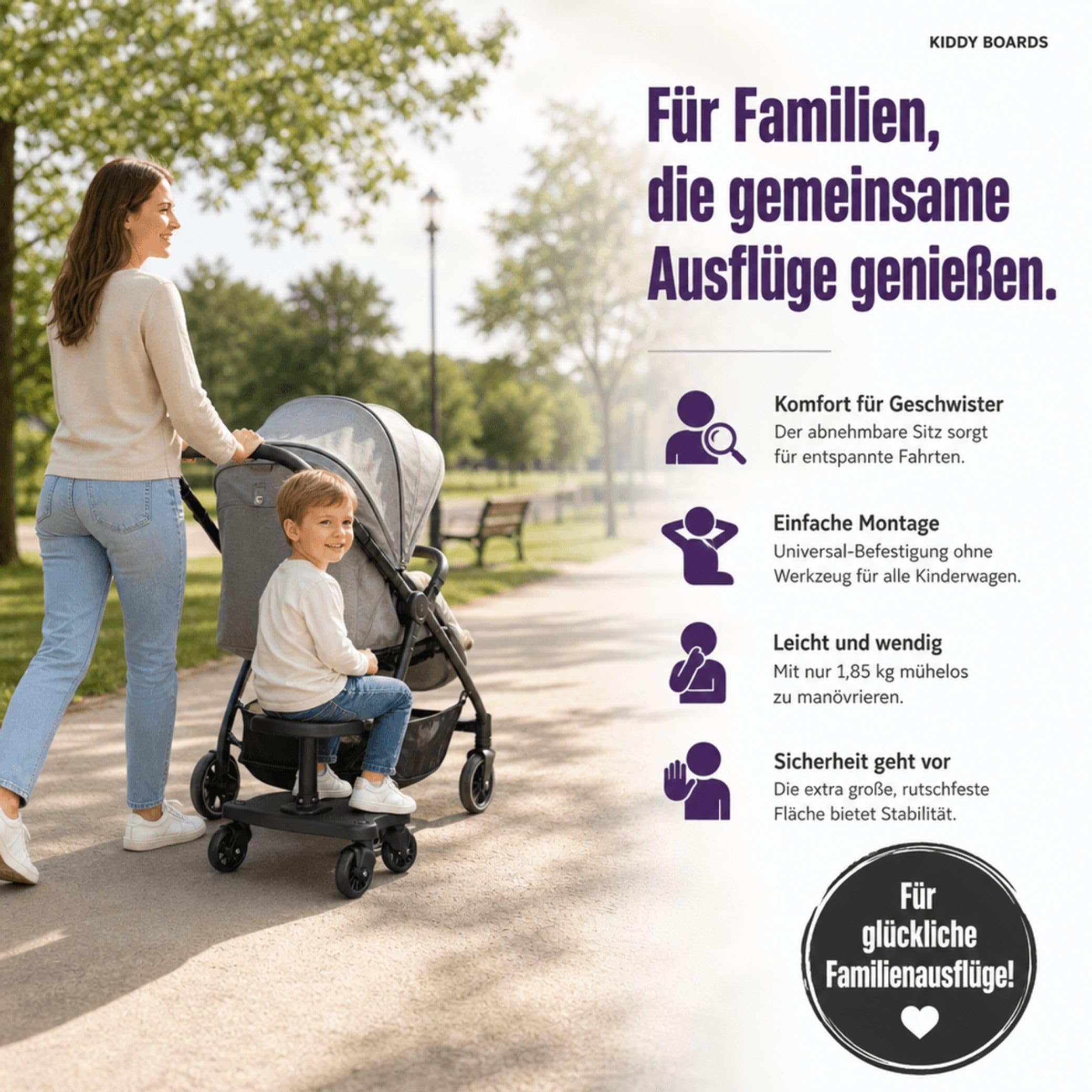 Fillikid Basic Buggy Board Exclusiv, Filliboard Mitfahrbrett nutzbar von 2-5 Jahre, Rollbrett Universell für alle gängigen Kinderwagen & Buggy, Kiddyboard mit abnehmbaren Sitz