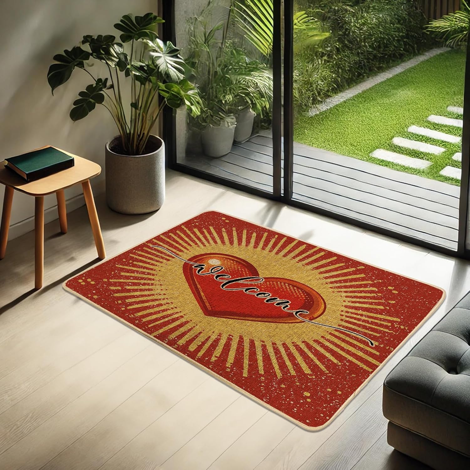 Heart Welcome Doormat, Red and Gold Outdoor & Indoor Entrance Mat for All Seasons, Vintage Style, Non-Slip Dust Absorbent, Easy to Clean 29x17 Inch