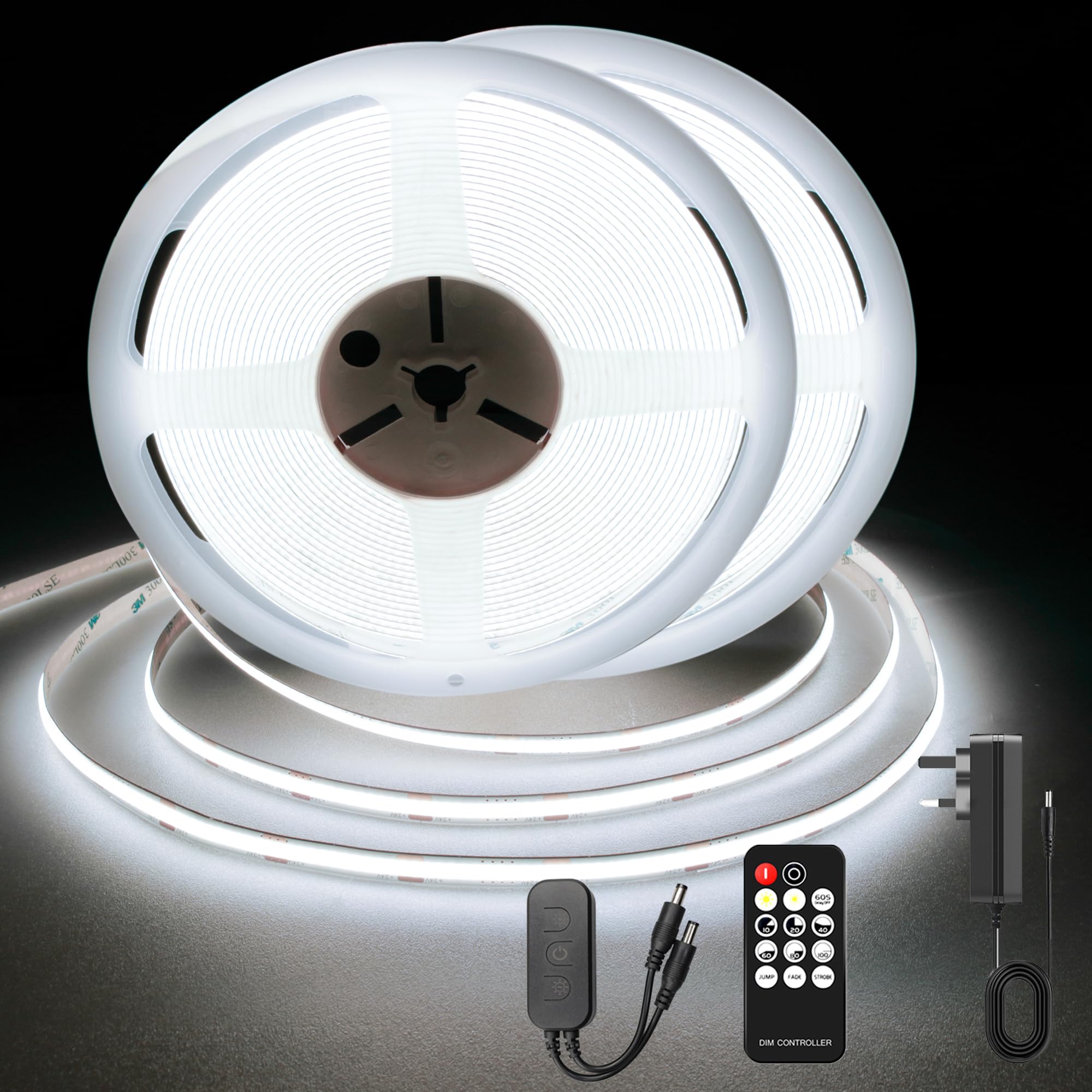 TTWAY COB LED Strip 15M, DC24V LED Strips 6000K with Power Supply, Remote Controller, CRI 92+, 8mm Width, Dimmable LED Strip Lights for Home Decoration, Kitchen, Mirror, White,(2x7.5m) โ image 1