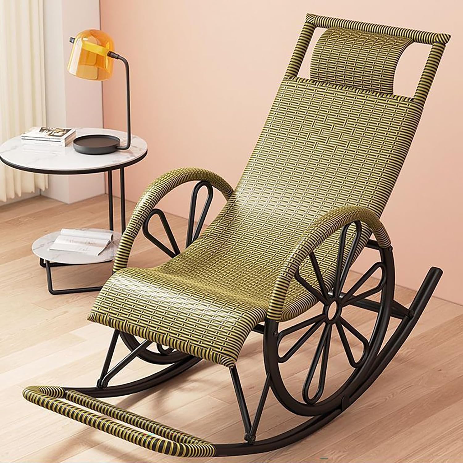 Nursery Rocking Chairs with Foot Rest, Modern Accent Rocking Chair with PE Rattan, Nursery Recliner, Ergonomic Design, Sled Base for Porch, Garden(Gold)
