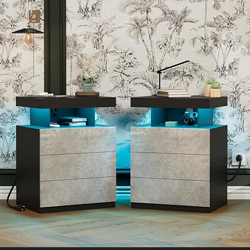 Miniatura 12 de HOMMPA - Mesita de noche LED con estación de carga inalámbrica y puertos USB, mesa de noche moderna, mesita de noche de 3 cajones con compartimento