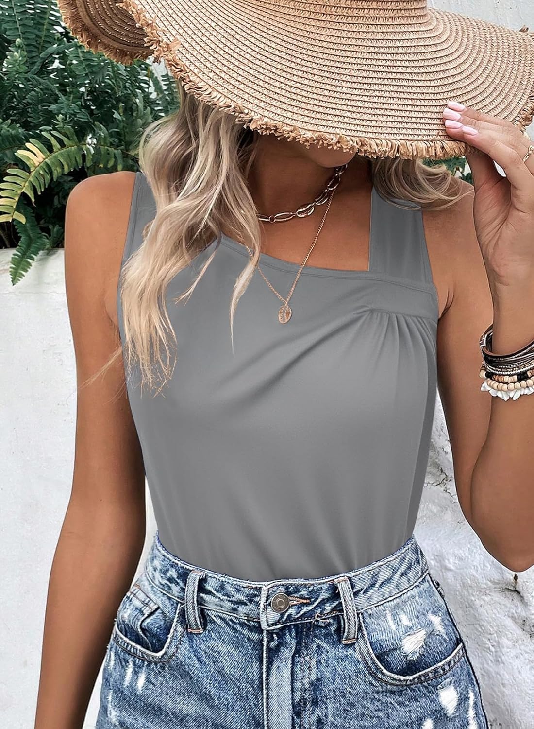 LOLONG Womens Tank Tops Summer Sleeveless Asymmetrical Neck Pleated Tops Casual Shirts - Image 3