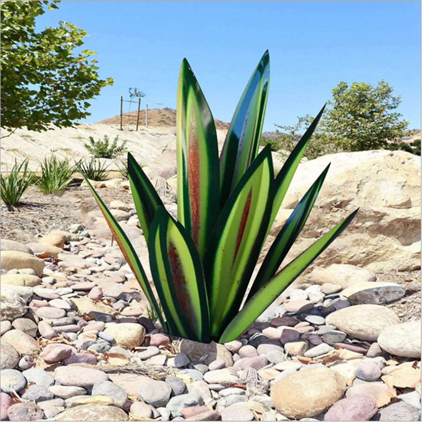 2X Scultura Rustica da 13,7 Pollice Piante di Agave in Metallo Dipinti a Mano Fai da te Ornamenti Prato Giardino Esterno-Verde