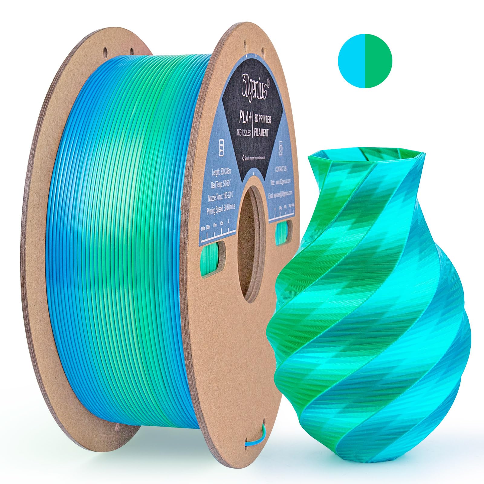 3Dgenius Silk PLA 3D Printer Filament Double Color Silk PLA Filament 1.75mm 3D Printing Filament Fit Most FDM Printers, 1KG Spool(2.2lbs), 2 in 1