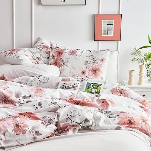 Miniatura 3 de DESIHOM Juego de edredón de 3 piezas con estampado floral rosa y 2 fundas de almohada, de microfibra con estampado floral, reversible, transpirable
