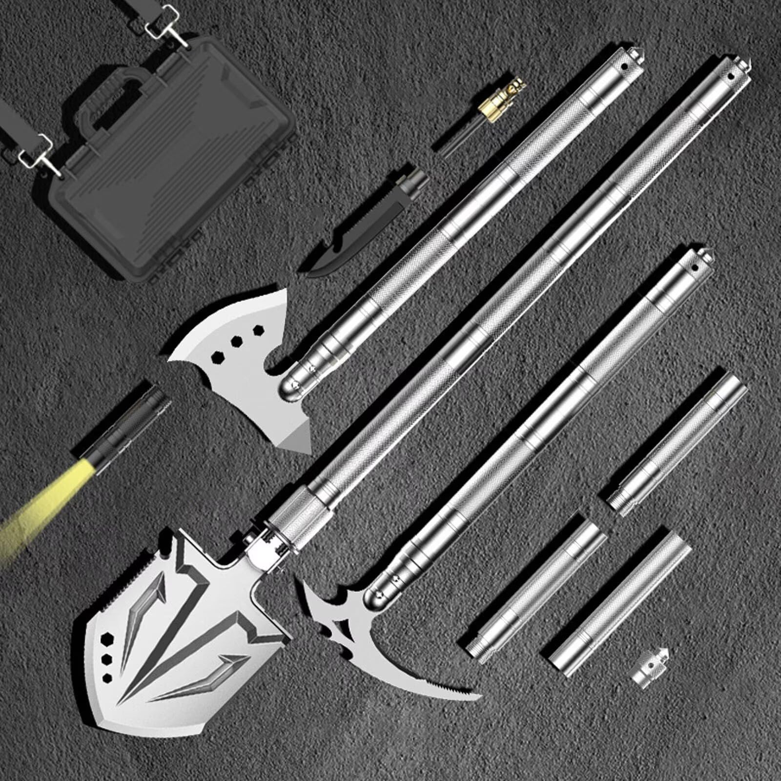 Pelle de Camping Hache Militaire Pelle de Survie Pliable à 180 degrés avec pic Multifonction 16 en 1 pour randonnée en Plein air Chasse expédition pelletage de Neige Jardinage kit de Voiture