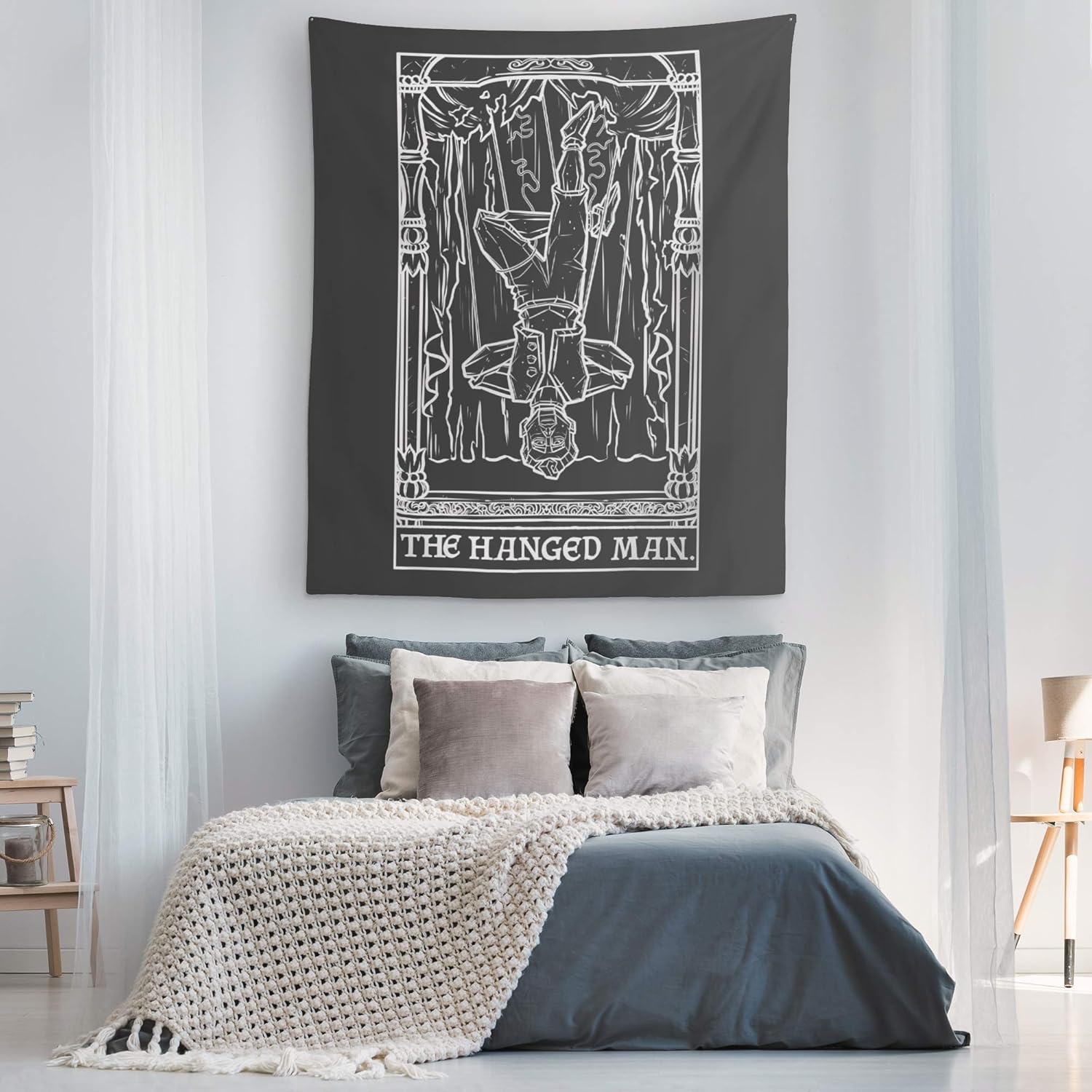 The Hanged Man Tarot Card Tapestry (Black & White) - Creepy Marionette - Gothic Halloween Home Decor Wall Hanging (60" x 50")