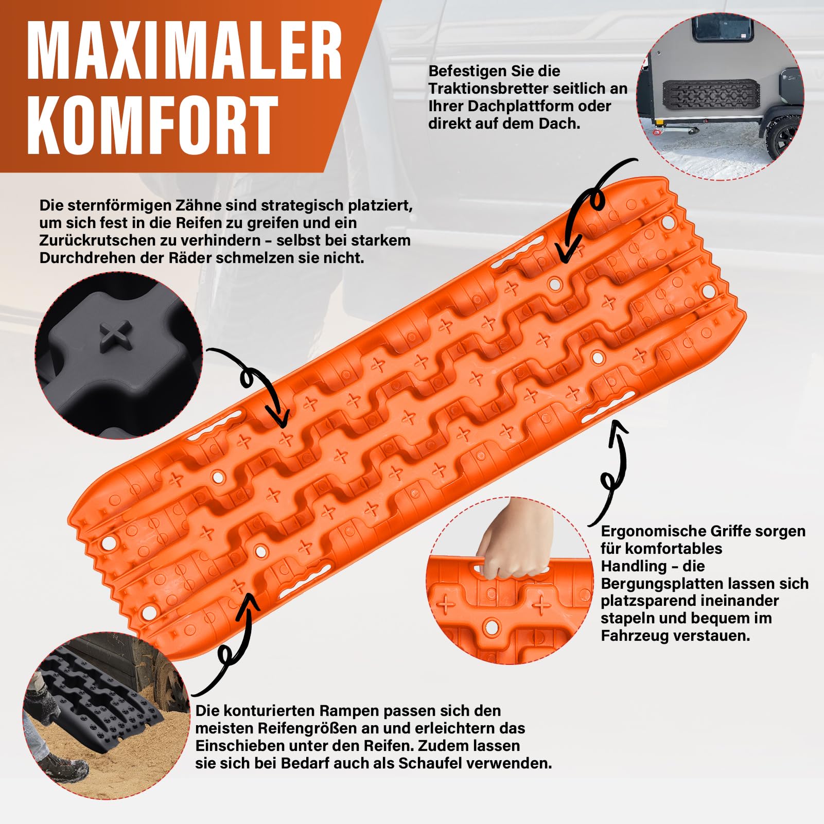 Lot de 2 plaques de sable tout-terrain - Aide au démarrage et à la traction pour camping-car, SUV et camion - Charge maximale de 10 °C - Plaques en plastique pour boue, sable et neige - Flexibles