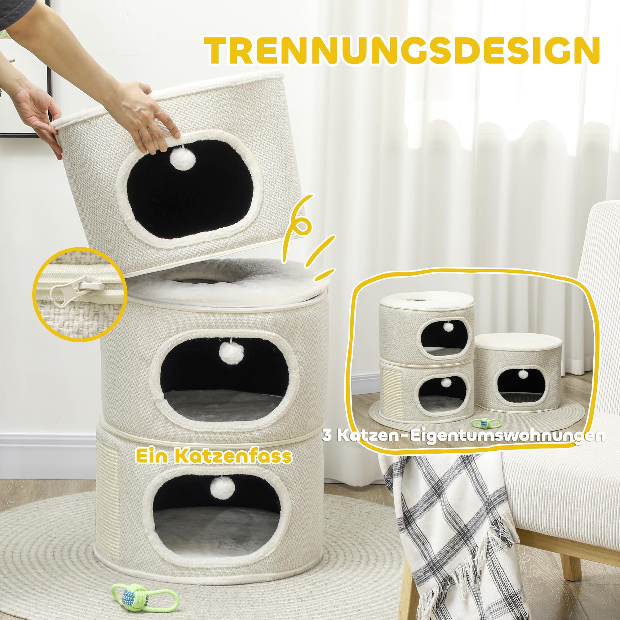 PawHut Tonneau à griffer, 100 cm de Haut Tonneau à Chat avec 3 cavités, Arbre à Chat avec balles de Jeu, Tour pour Chats en sisal, pour Chat jusqu'à 6 kg, Beige+CrèmeBlanc