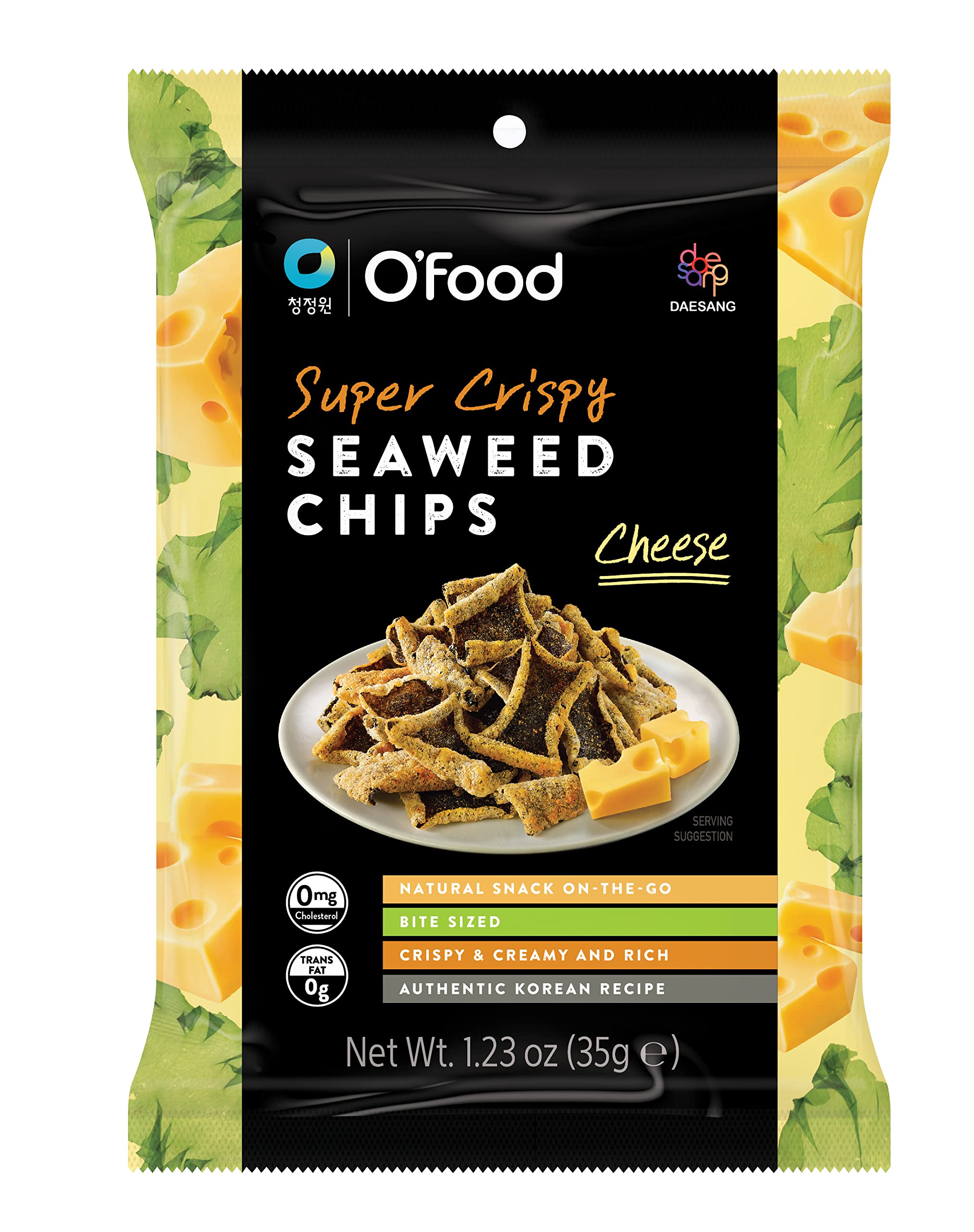 Chung Jung One O'Food Super Crispy Seaweed Chips, Natural, On-The-Go, Bite Sized, Crispy & Savory Korean Snack (Cheese, 4 Pack)
