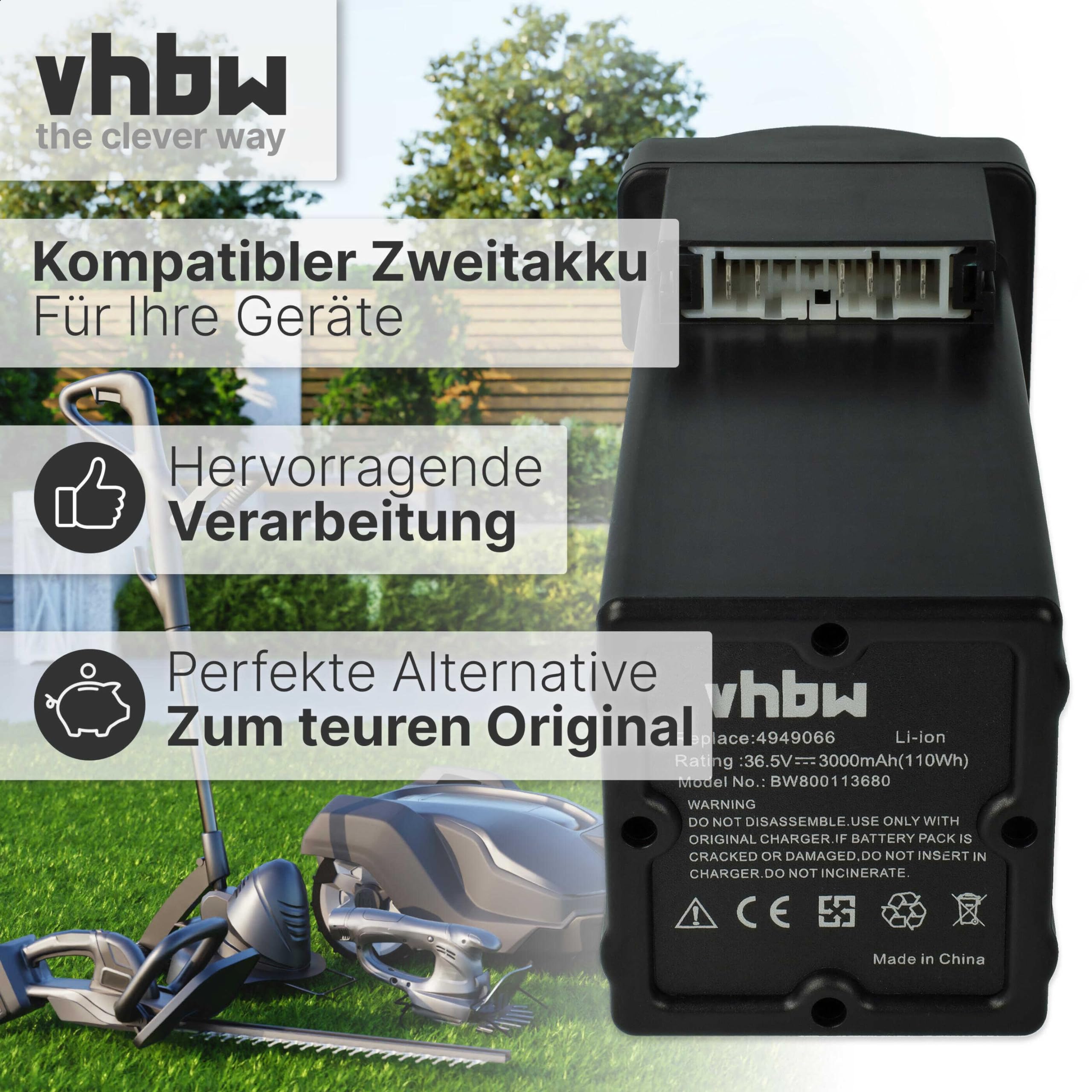vhbw Batería Compatible con Wolf Garten Power 37, 40, 34 cortacésped 3000mAh 36,5V Li-Ion