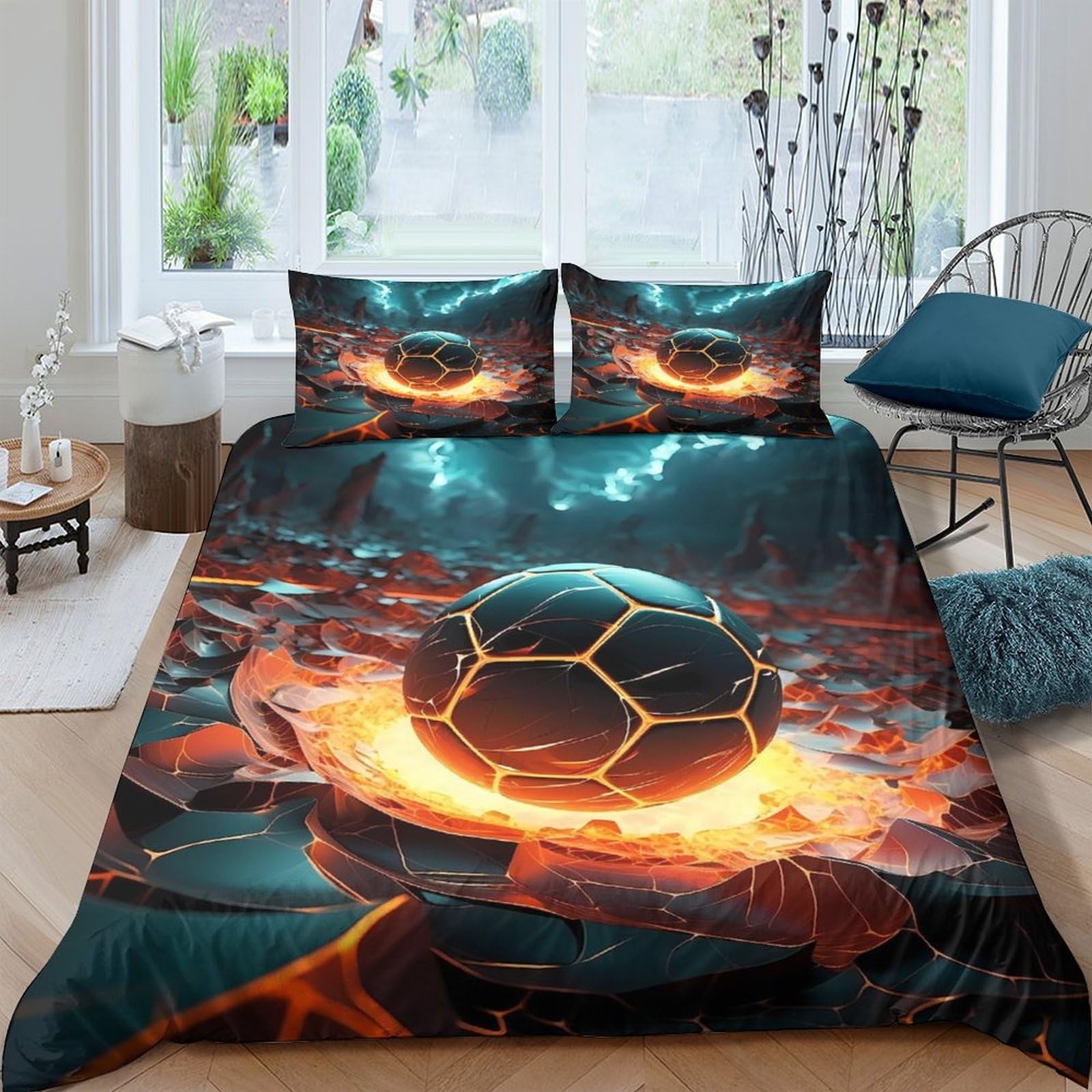 Ctjqhvkz Style-10 3D Printed Fiery Soccer Fitted Sheet Microfiber Soft Breathable Lava Ball Bed Cover For Bedroom Dorm Mattress Decor Single（135X200cm）