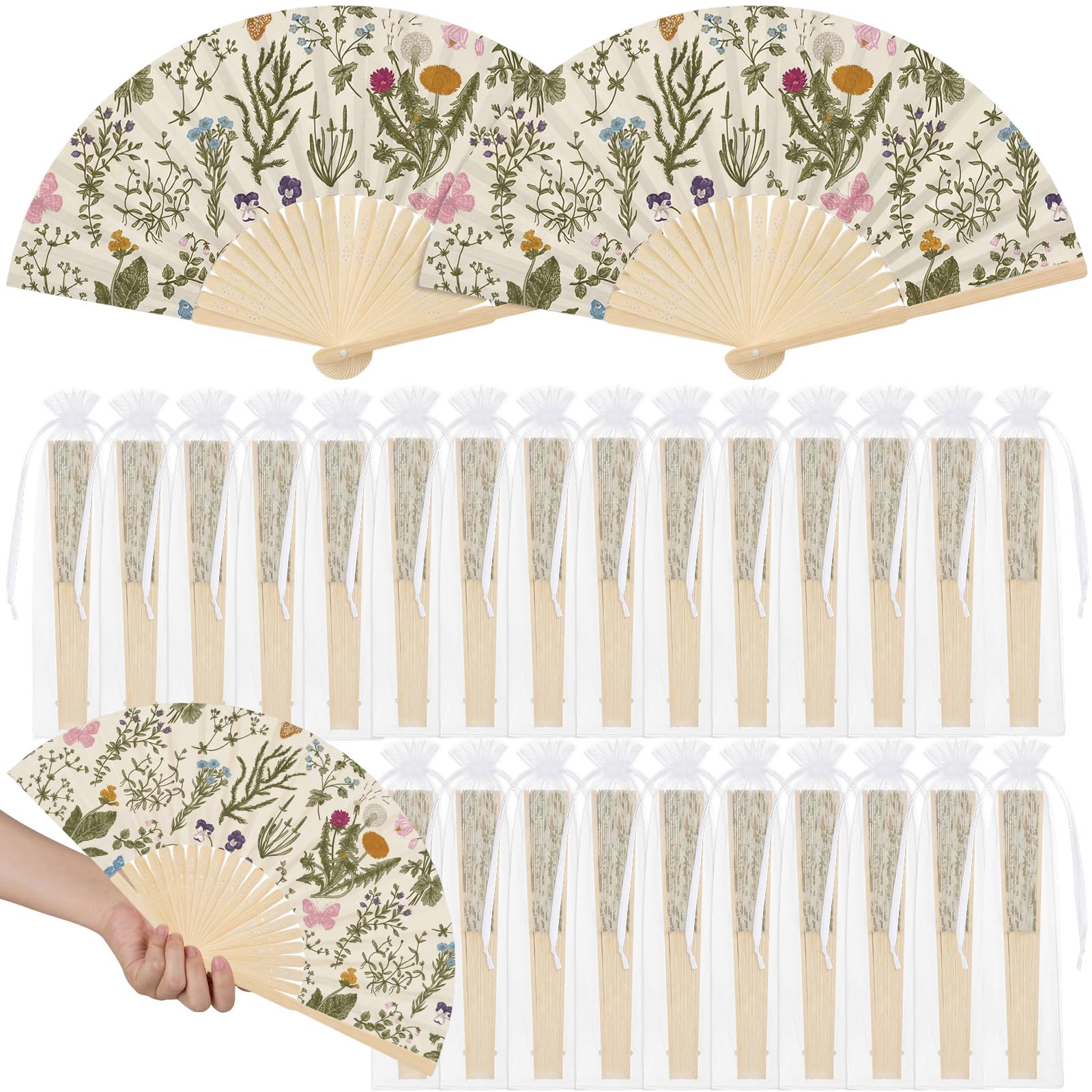 Faltbarer Handfächer mit Organza-Beuteln, Motiv: Wildblumen, Teeparty, Gastgeschenke für Gäste, faltbar, Vintage-Blume, Papierfächer für Hochzeit, Brautparty, Partyzubehör, 25 Stück