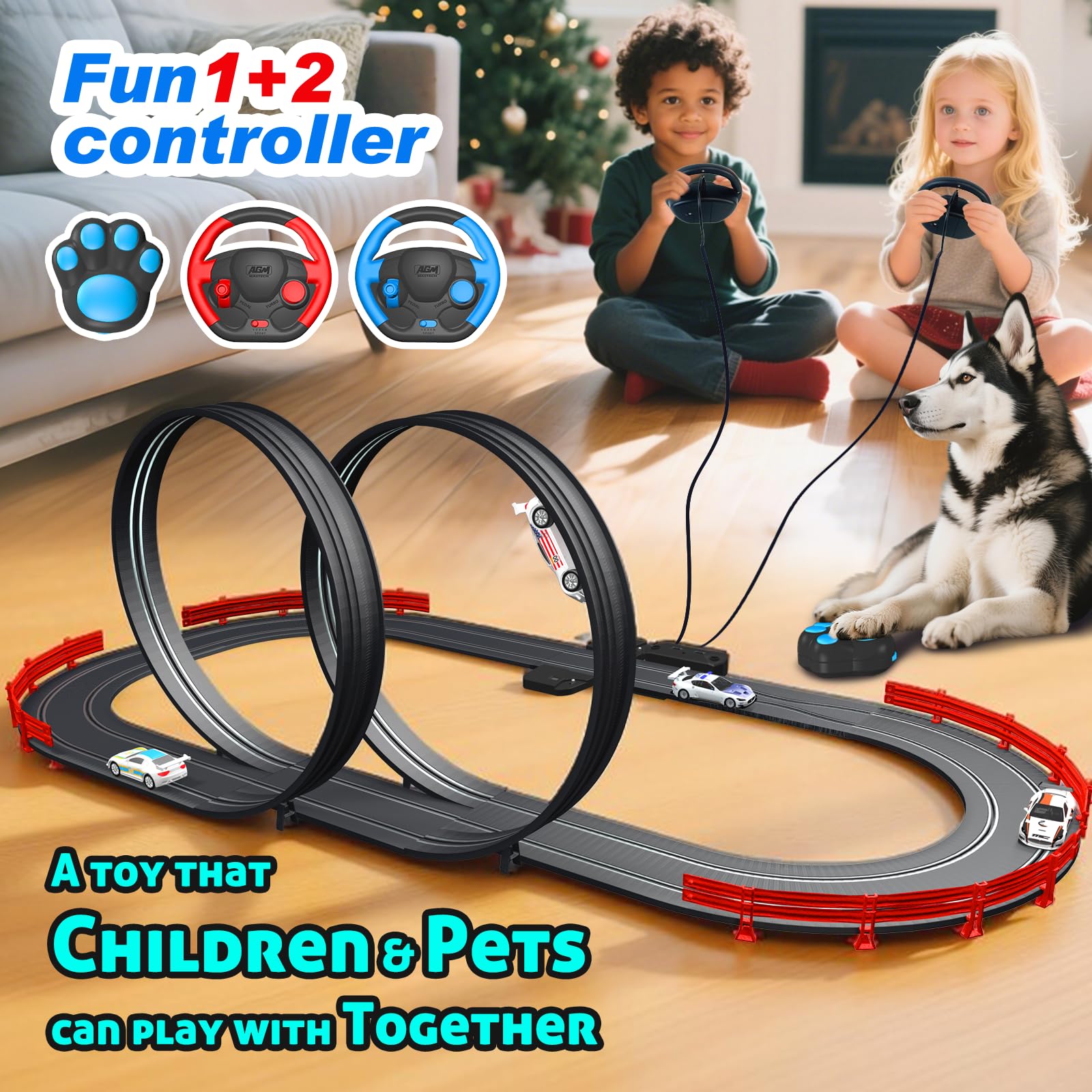 Juego de pista de carreras de coches de alta velocidad, juego de doble pista de tranvía con 4 coches de tragamonedas con licencia, 2 controles manuales, piezas de pista y contador de 2