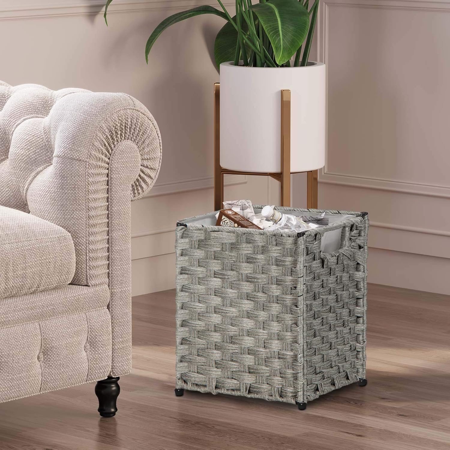 GREENSTELL Waste Basket with 2 Replaceable Liners, Hand Woven Basket with Handles, Home Office Paper Wastebasket, Garbage Container Bin for Bedroom, Bathroom, Utility Rooms, Garages Pack of 1, Gray : Home & Kitchen