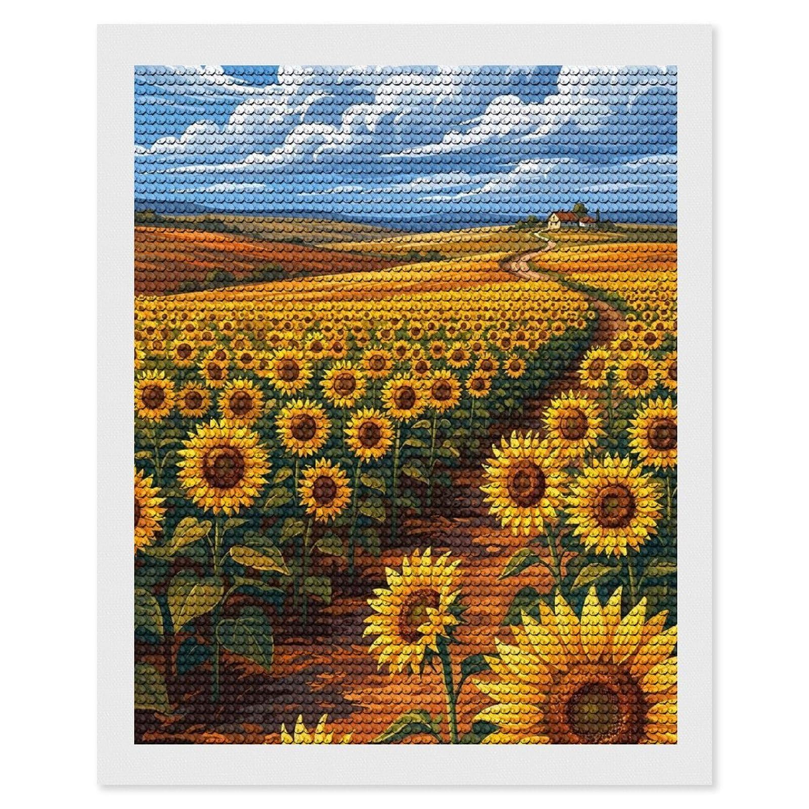 Junmoney Vast Sunflower Field Under A Cloudy Sky Diamond Painting Canvas Set 16"x20", for Women, Mindful Craft Activity, Cosy Home Accent, Festive Craft Gift