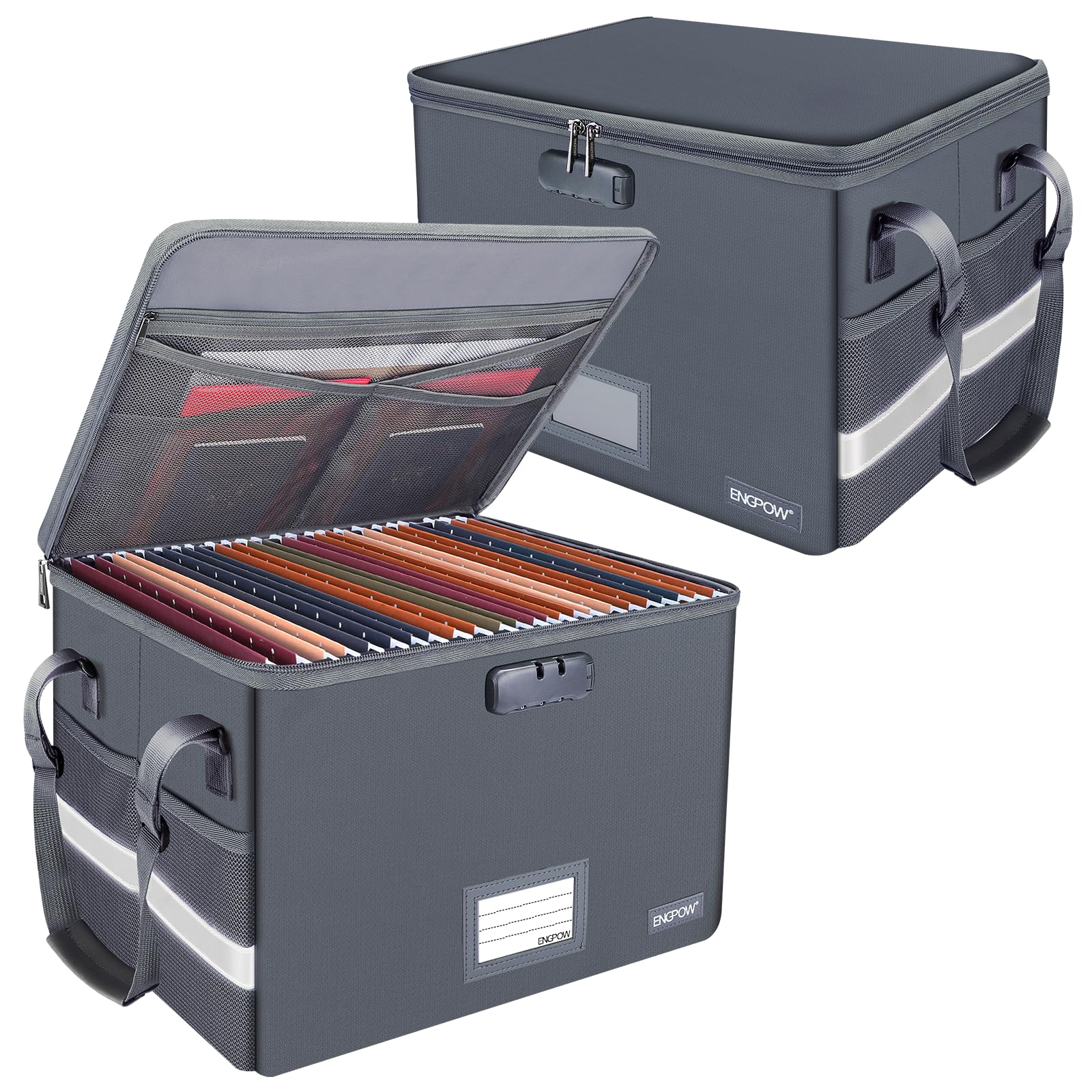 ENGPOW File Box with Lock, Fireproof Document Box with Pockets, Collapsible File Organizer Filing Storage Cabinet with Handle, Portable Home Office
