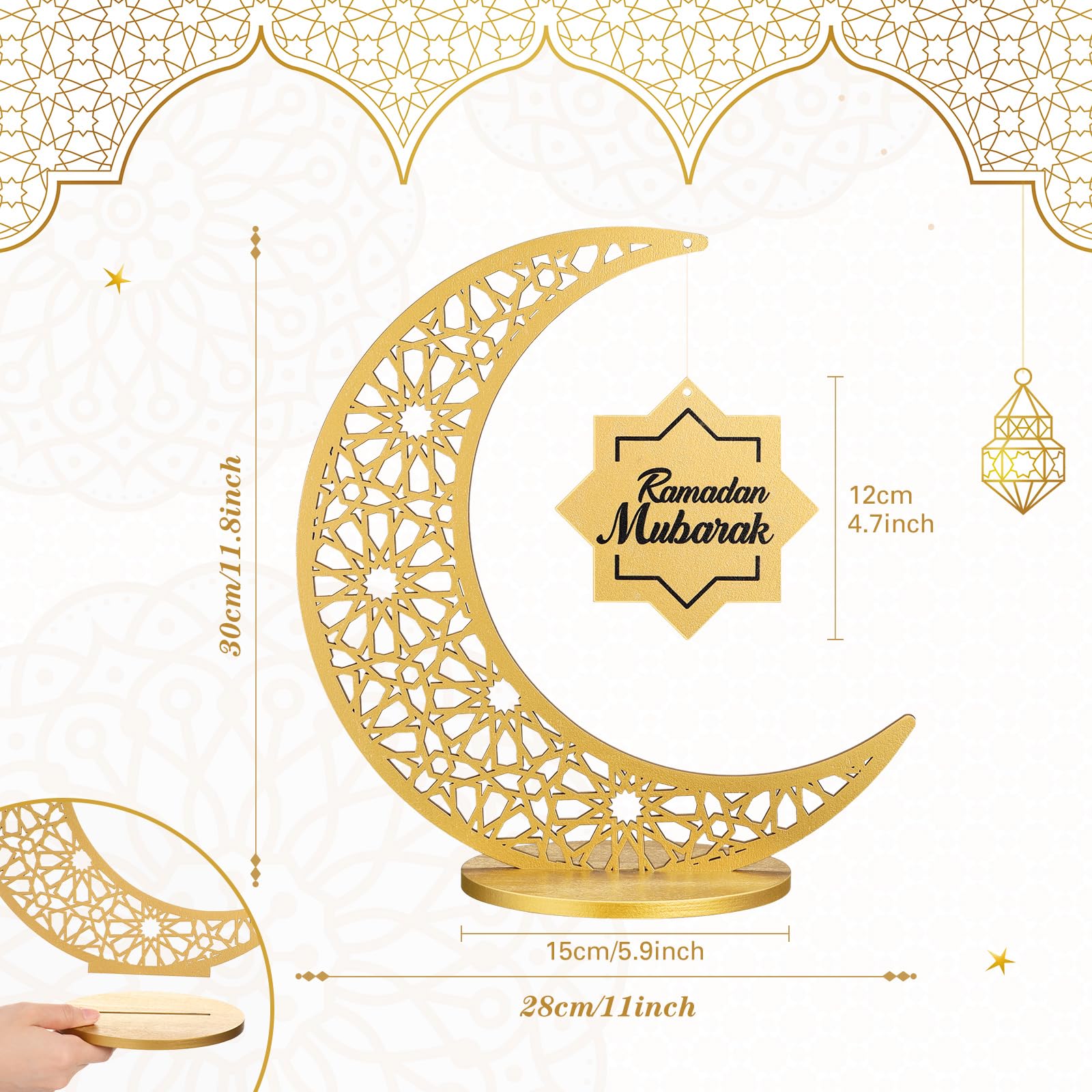 DoubleFill Golden Wooden Ramadan Table Centerpiece Crescent Moon Hollow Star Ornament for Ramadan Decor Islamic Gifts