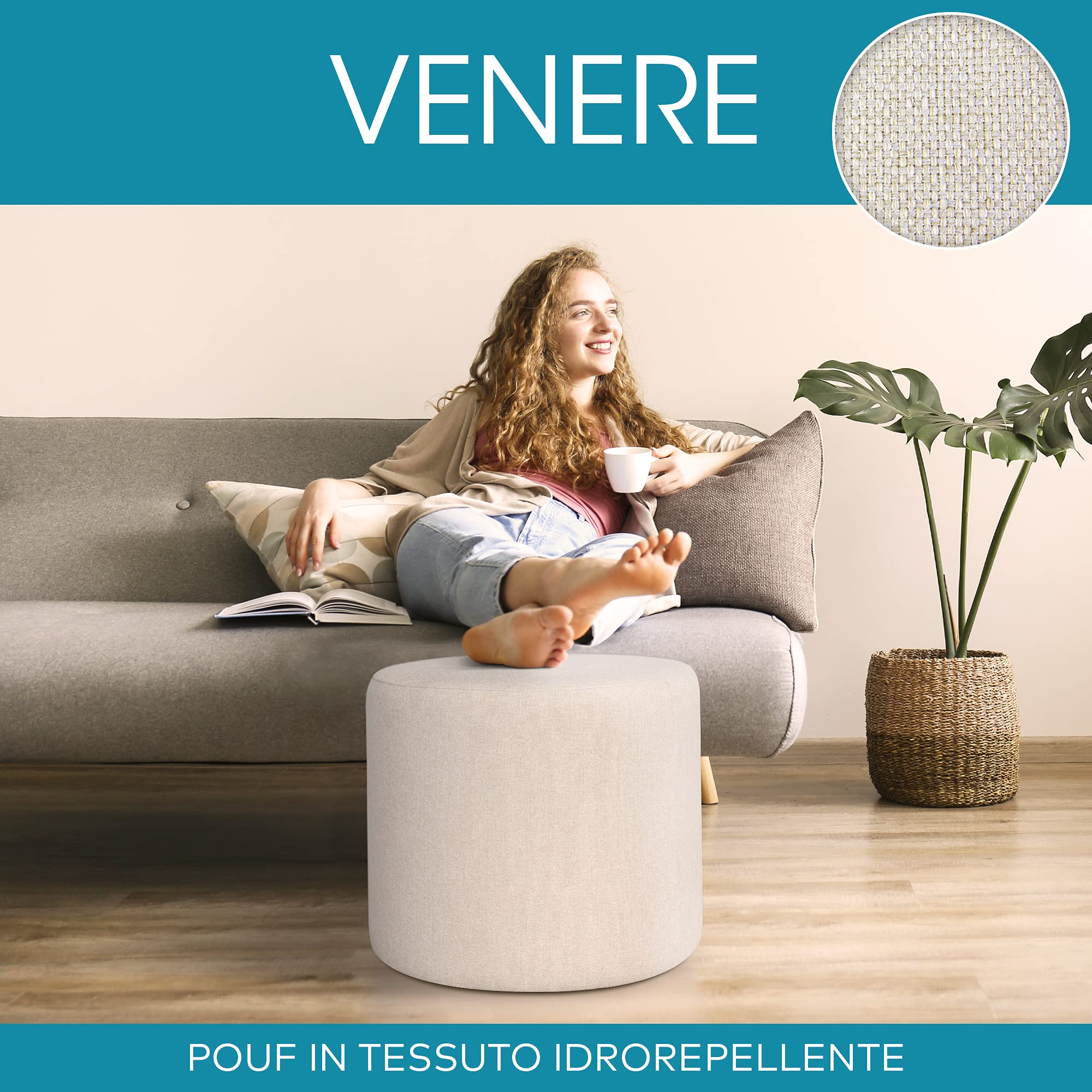 Deshome Pouf hocker Fußstütze runden Ø 50 cm Wasserabweisender Stoff: Modernes Design Pouf für Sofa Wohnzimmer Schlafzimmer, Puff hocker, Pouffe Venere Cremeweiße
