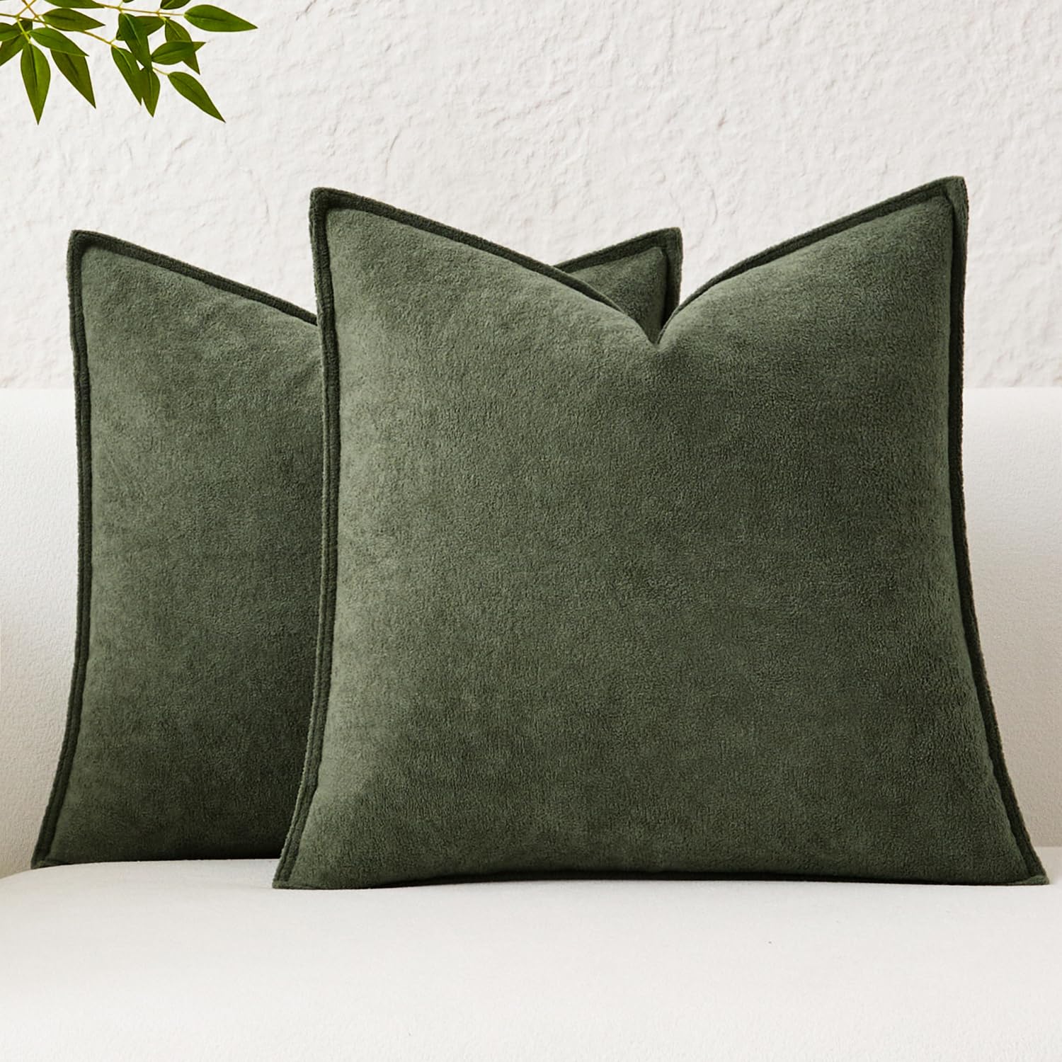 Kevin Textile Cushion Covers 45x45cm Spring Waterproof Decorative Pillow Covers Pack of 2 Soft Boucle Textured Lumbars Cushions Elegant Accent Pillows for Couch Sofa Bed Indoor Outdoor, Olive Green — image 1