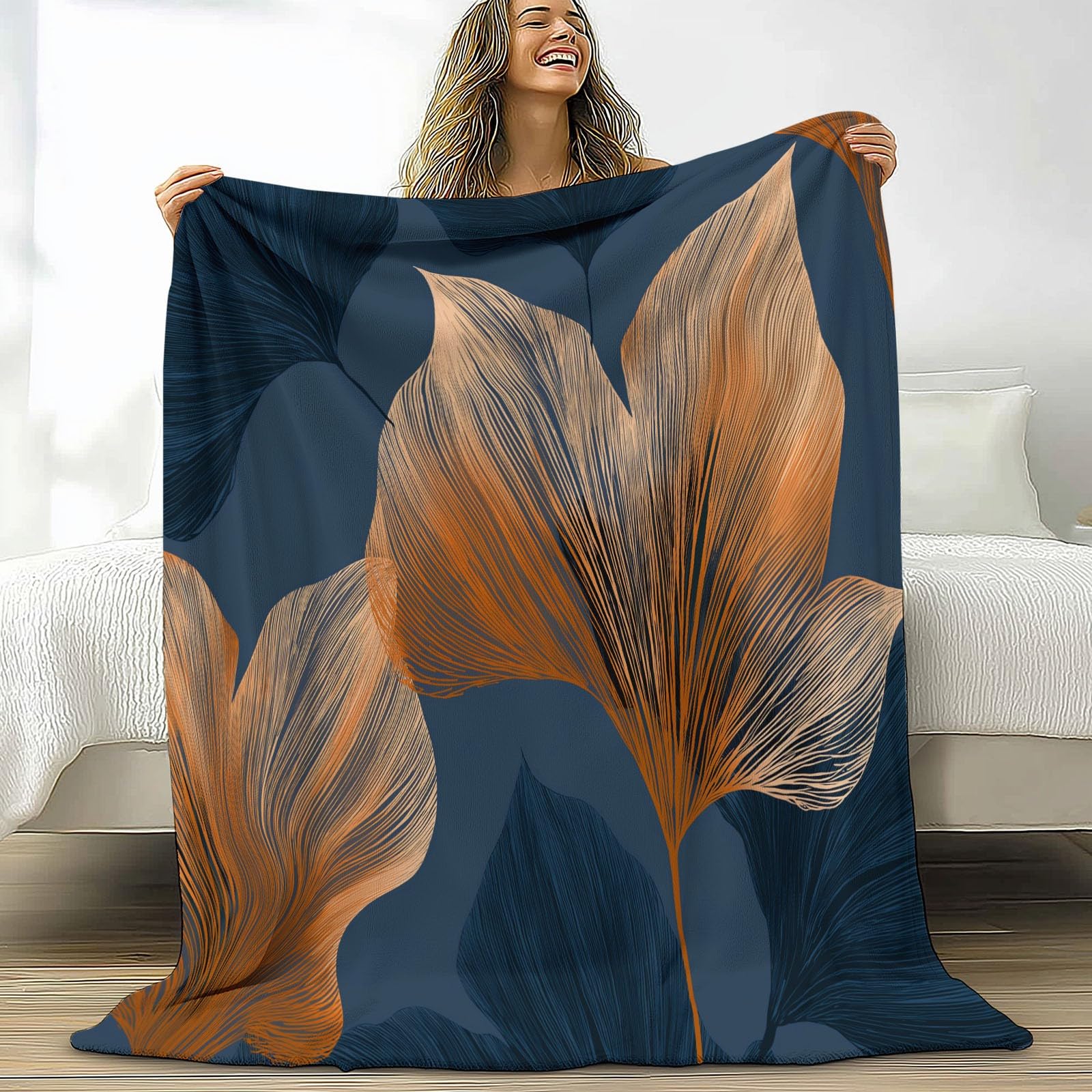 Manta Franela para Cama 220 x 240 cm, Suave Cálida Plantas Hoja Grande Rayas Manta Invierno Calentitas Transpirable Ligera Arte Moderno para Adulto Infantil Mujer Hombre