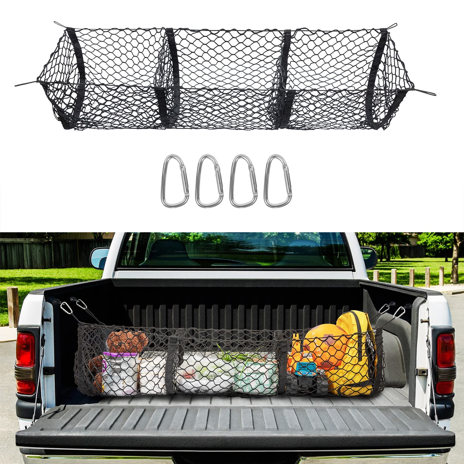 TERRIFI Cargo Net Trunk Bed Organizer,Mesh Storage Net with 4 Metal Hooks,43.3×11.8 inch Heavy Duty Cargo Net for SUV,Car,Toyota,Pickup Truck Bed,Truck Bed Grocery Holder