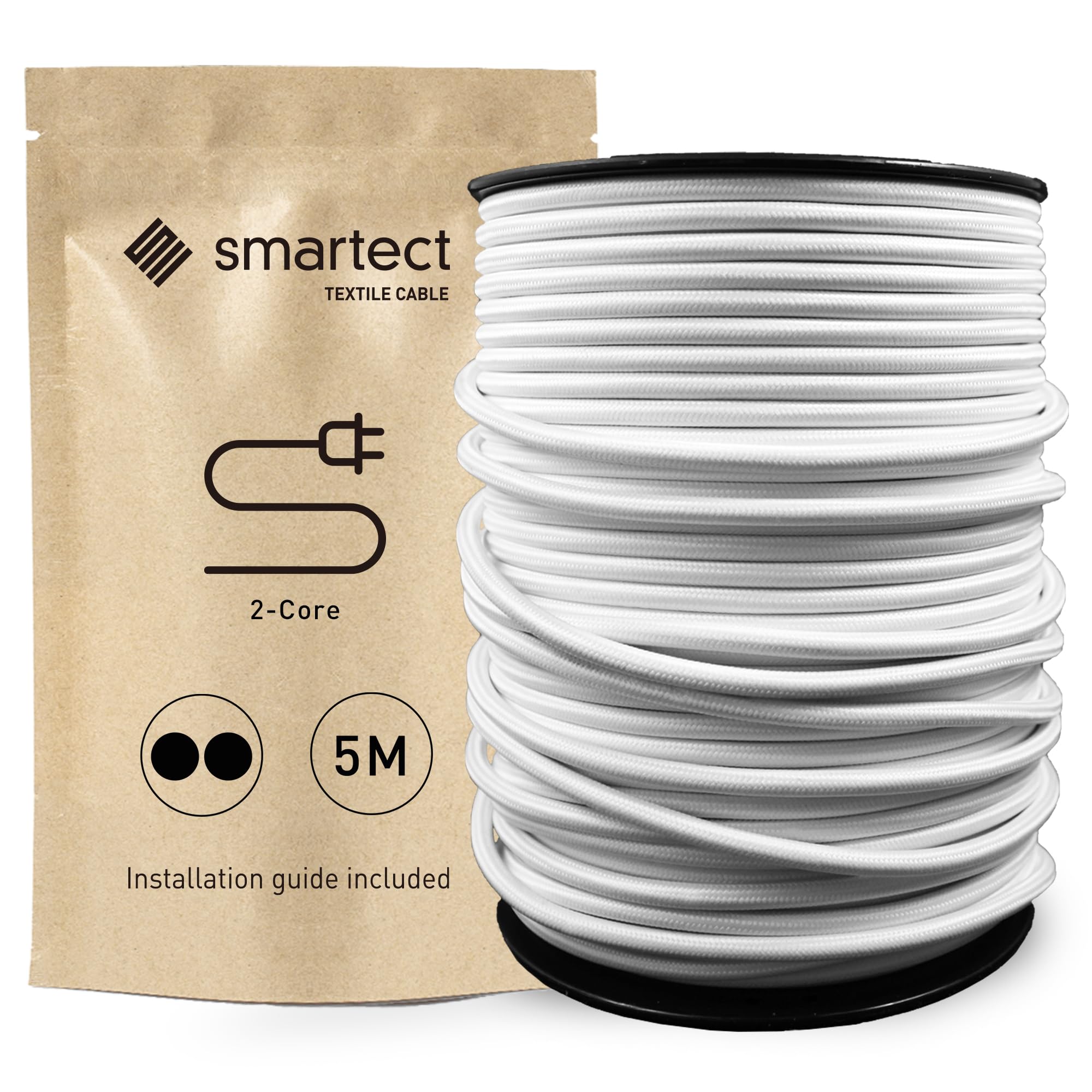 smartect Braided Cable, White, 5 Metres 2 Core Electrical Cable (2 x 0.75mm²) Vintage Fabric Electrical Wire for your DIY project