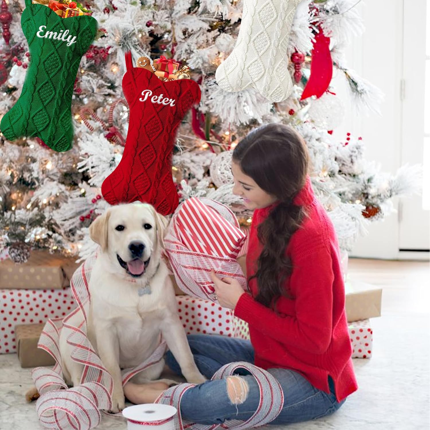 Customized Dog Christmas Stockings, Personalized Large Bone Shape Xmas Stockings for Cats, Custom Embroidered Name Pet Christmas Stockings, Family Fireplace Decoration Hanging Stockings 3 Pcs