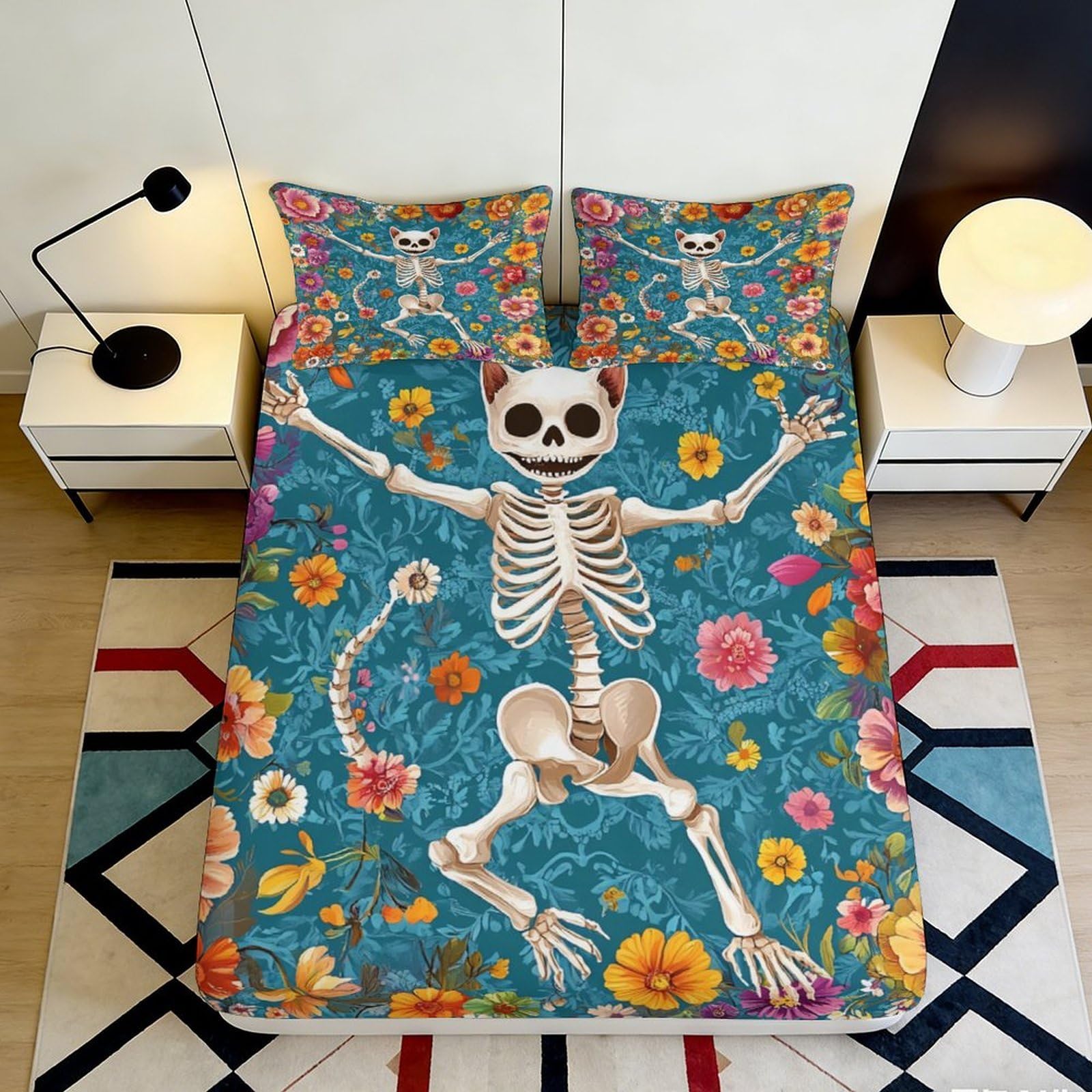 Pnayamiorkfel Style-7 3D Printed Skeleton Cat Fitted Sheet Microfiber Floral Bed Cover For Bedroom Dorm Easy Care Mattress Decor 90X200x25cm