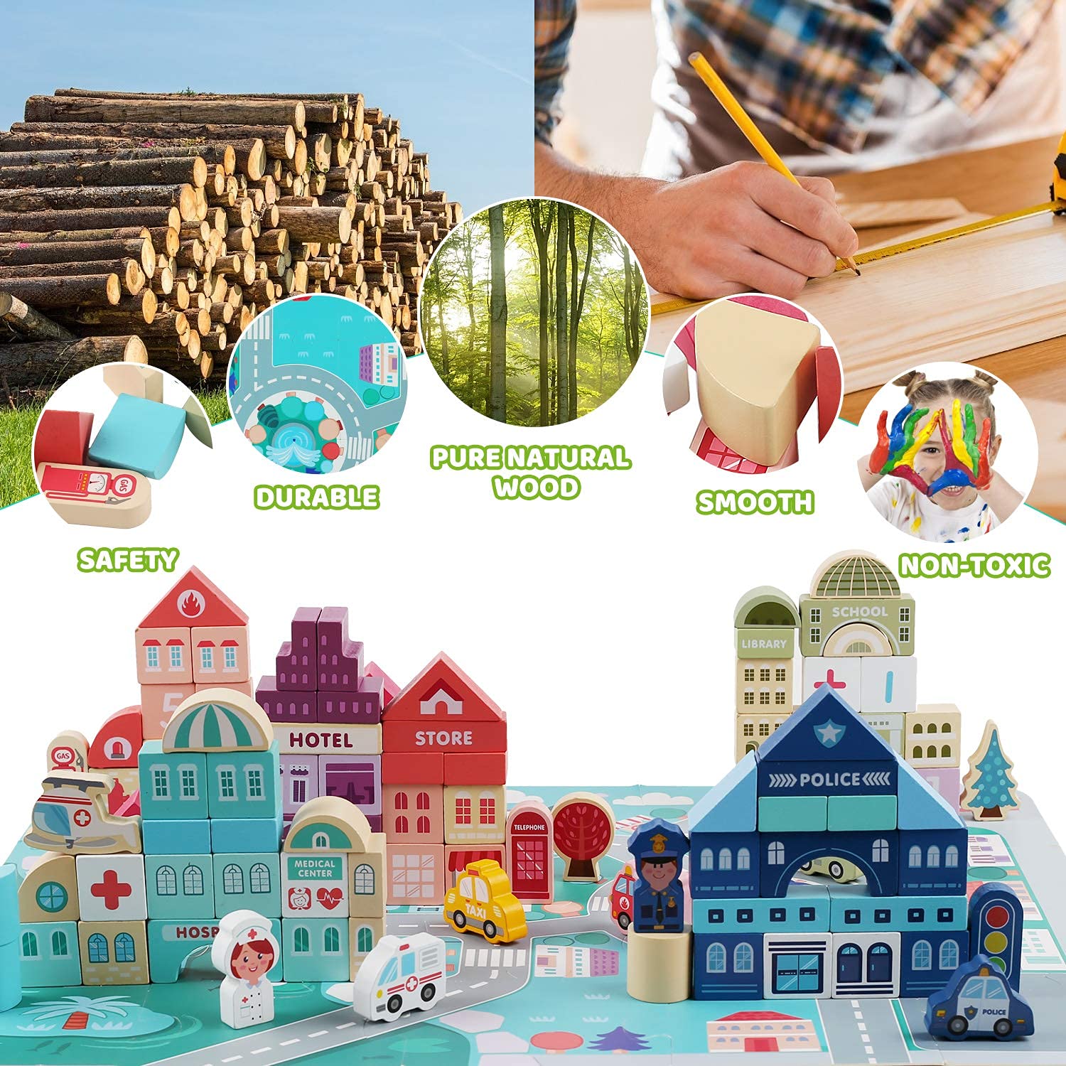 Bloques de construcción de madera para niños pequeños, construcción de ciudad para niños, juguetes creativos, bloque educativo de aprendizaje preescolar para niños y niñas de 2, 3, 4, 5 7