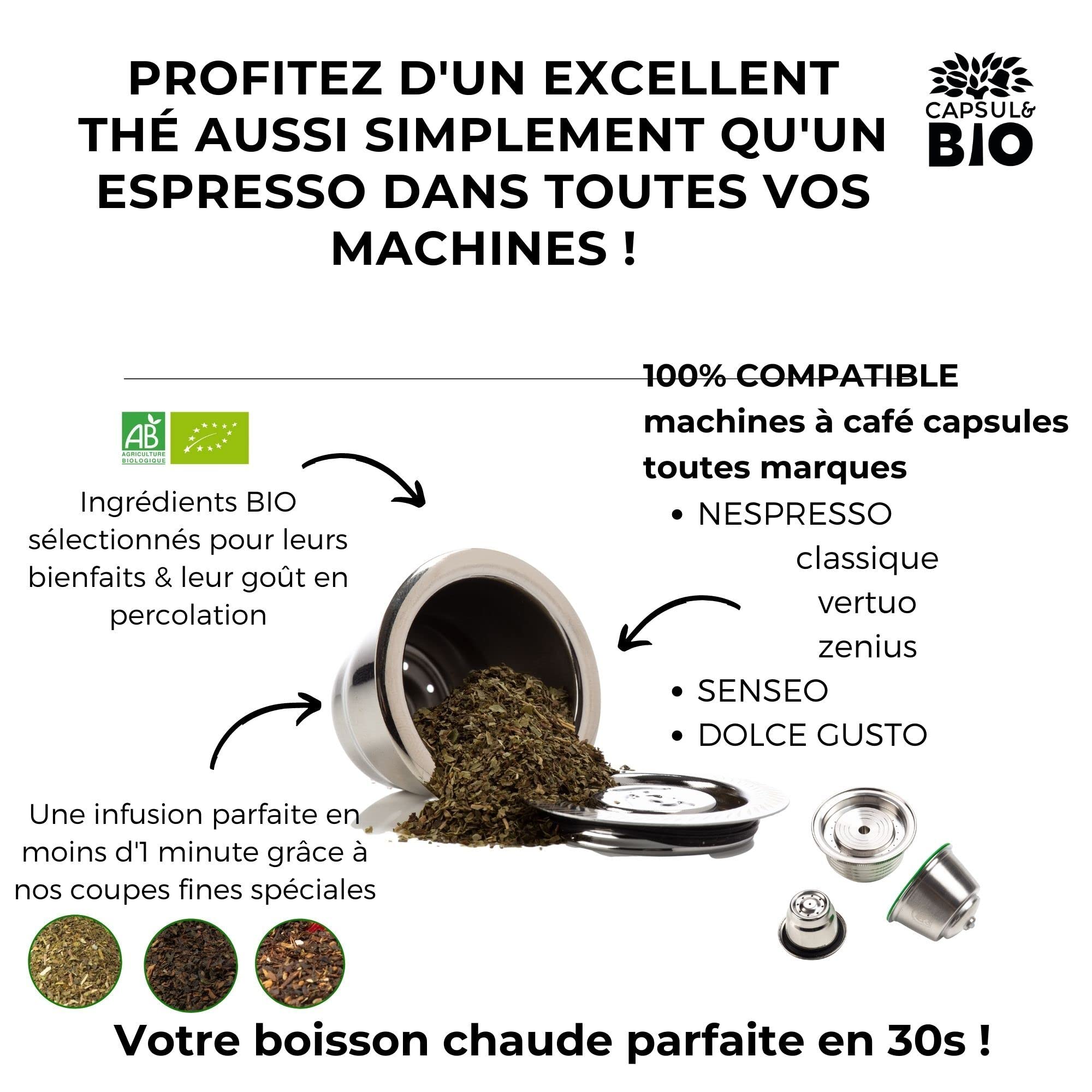 KAPSUL&BIO - Organiczna zielona herbata z cytryną imbiru, opakowanie 125 gr - Natychmiastowy drobny kubek do zimnego lub gorącego naparu - 100% naturalne składniki certyfikowane przez Ecocert - produkcja francuska