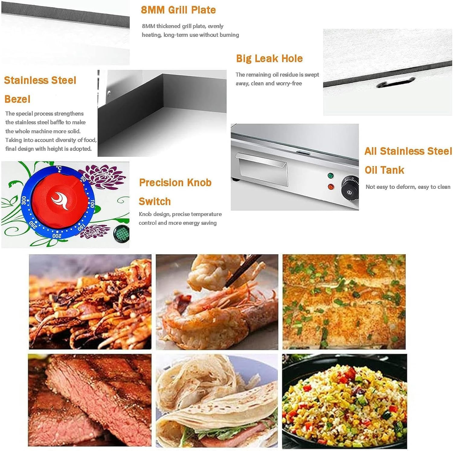 Electric Griddle, Electric Countertop Griddle Grill Stainless Steel Flat Griddle Hotplate BBQ Kitchen Grill Adjustable Temp Control Restaurant Teppanyaki Table for Barbecue Omelette Fried Food