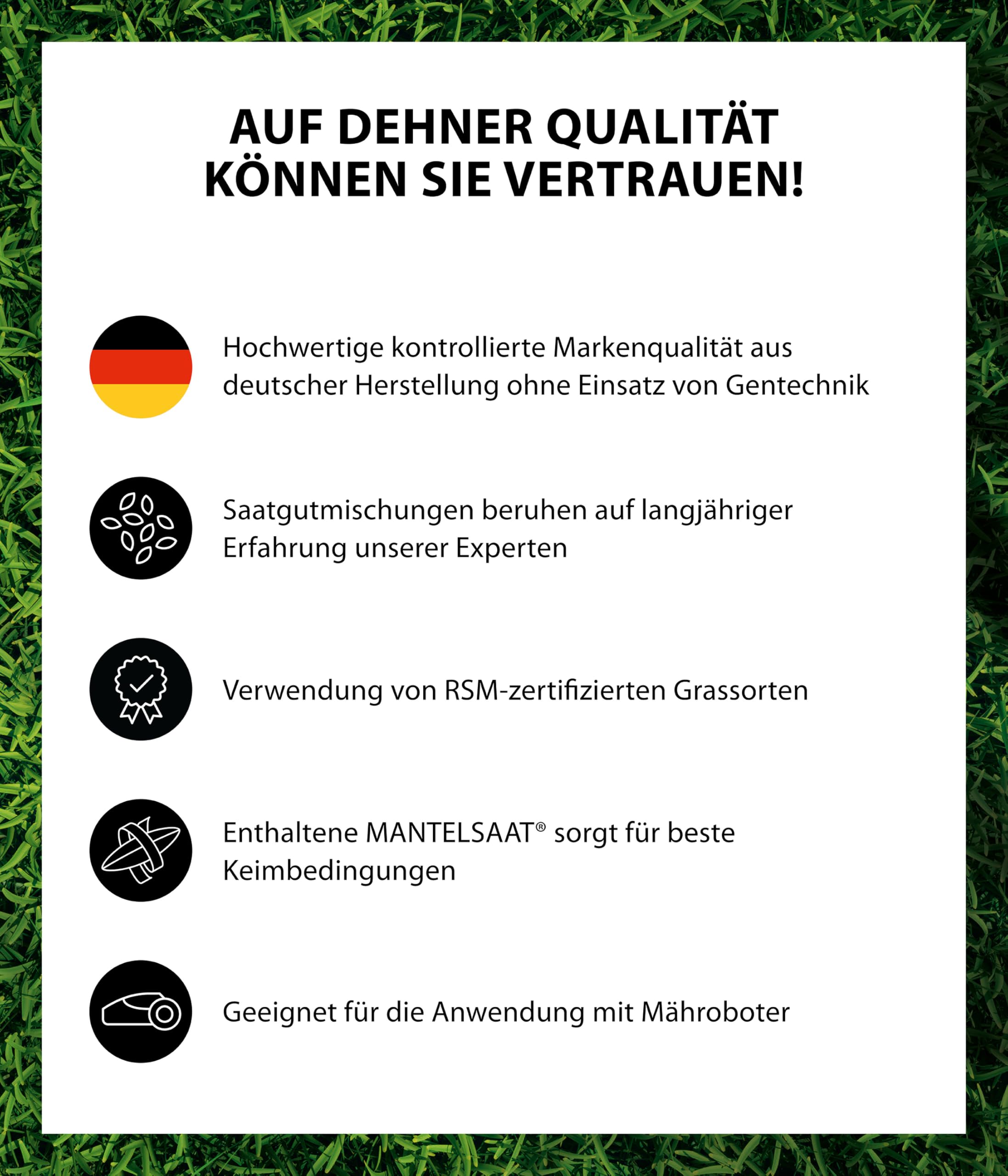 Dehner Saatgut Schattenrasen, hochwertige Rasensamen schnell keimend/selbstregenerierend, ideal für schattige/halbschattige Flächen, FSC-zertifizierte Verpackung, 1.25 kg für ca. 50 m² | pflegeleicht, schnell keimend, selbstregenerierend, ideal für schatt