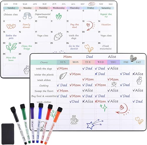 POPRUN Calendario mensual de pizarra blanca de borrado en seco y tabla de tareas semanales familiares, juego de tablas autoadhesivas para nevera de