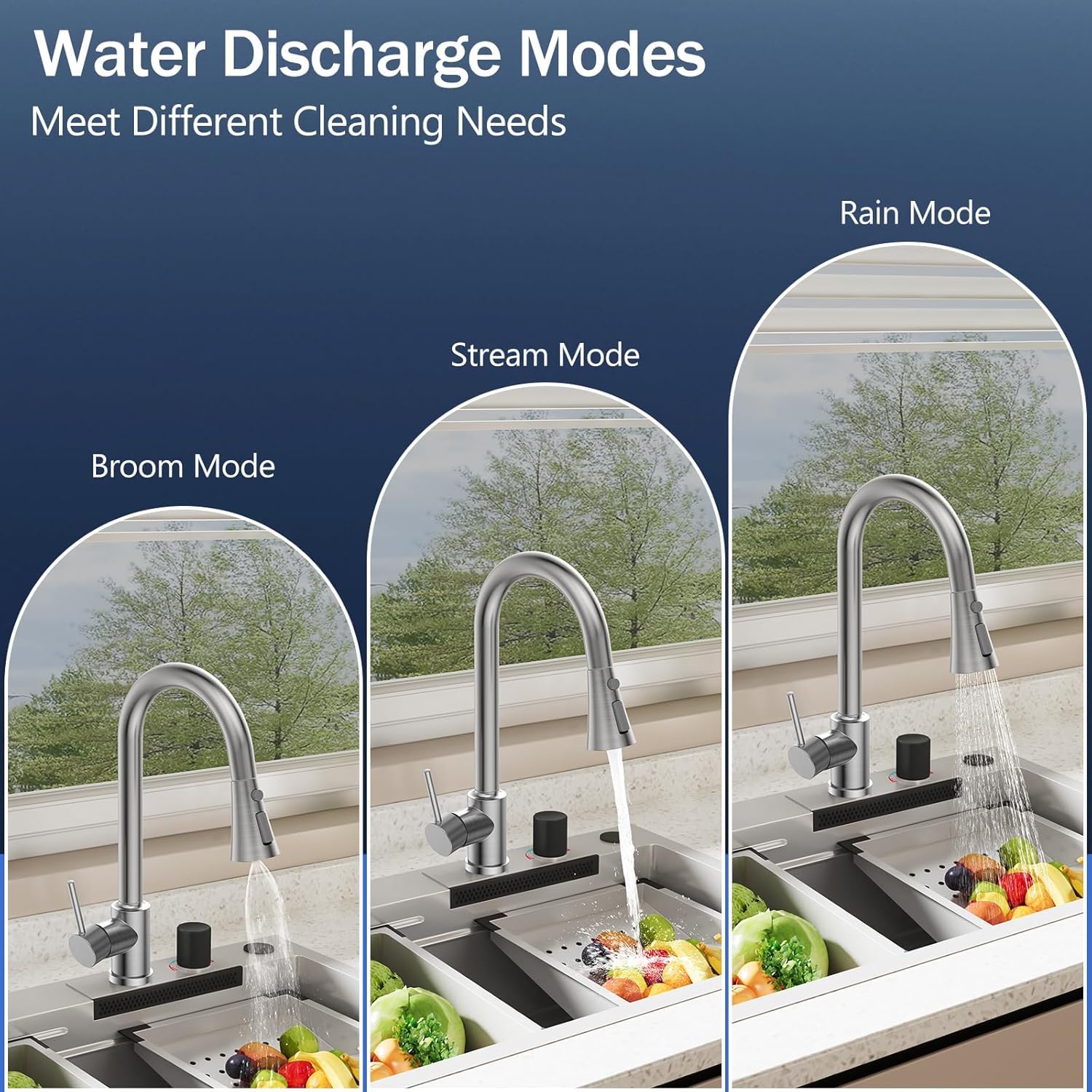 Robinet de Cuisine à Ressort avec Douchette Extractible, Mitigeur Évier Bec Haut Pivotant 360°, 4 Modes de Jet, Acier Inoxydable Brossé, Installation 1 Trou (38,6 cm)