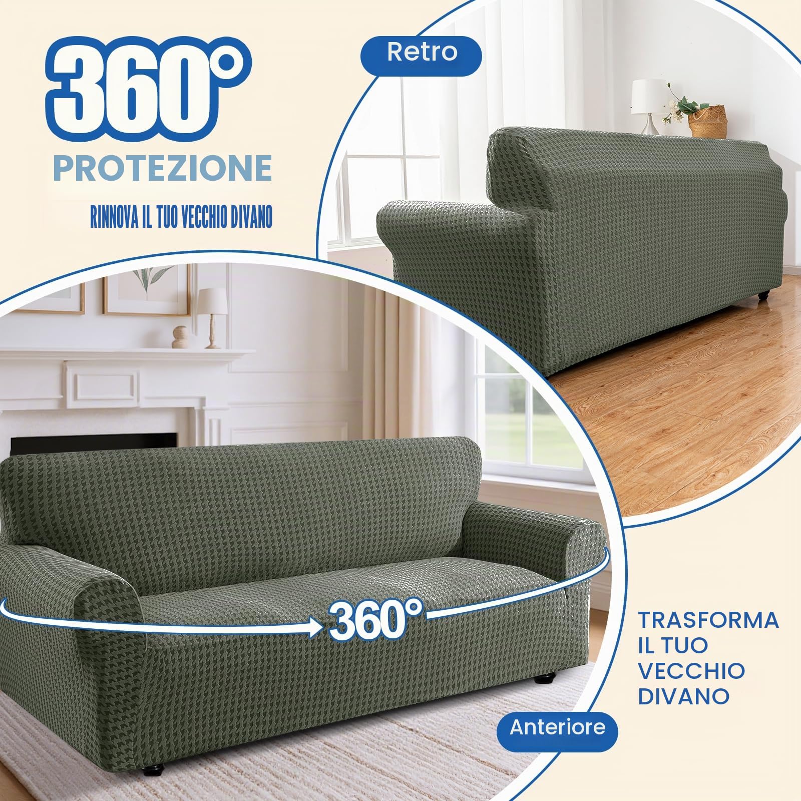 YSTELLAA Natale Copridivano 3 Posti con Braccioli, Copri Divano AntiGraffio Gatto Cani, Copridivani Elasticizzati, Fodera Divano Moderno, Sofa Cover Antiscivolo Antimacchia, Verde Militare