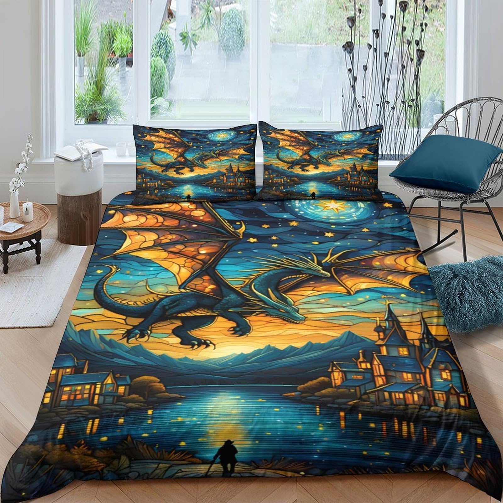Ctjqhvkz Style-2 3D Printed Fantasy Dragon Fitted Sheet Microfiber Soft Breathable Sunset Castle Mattress Cover For Bedroom Guest Room Decor Single（135X200cm）