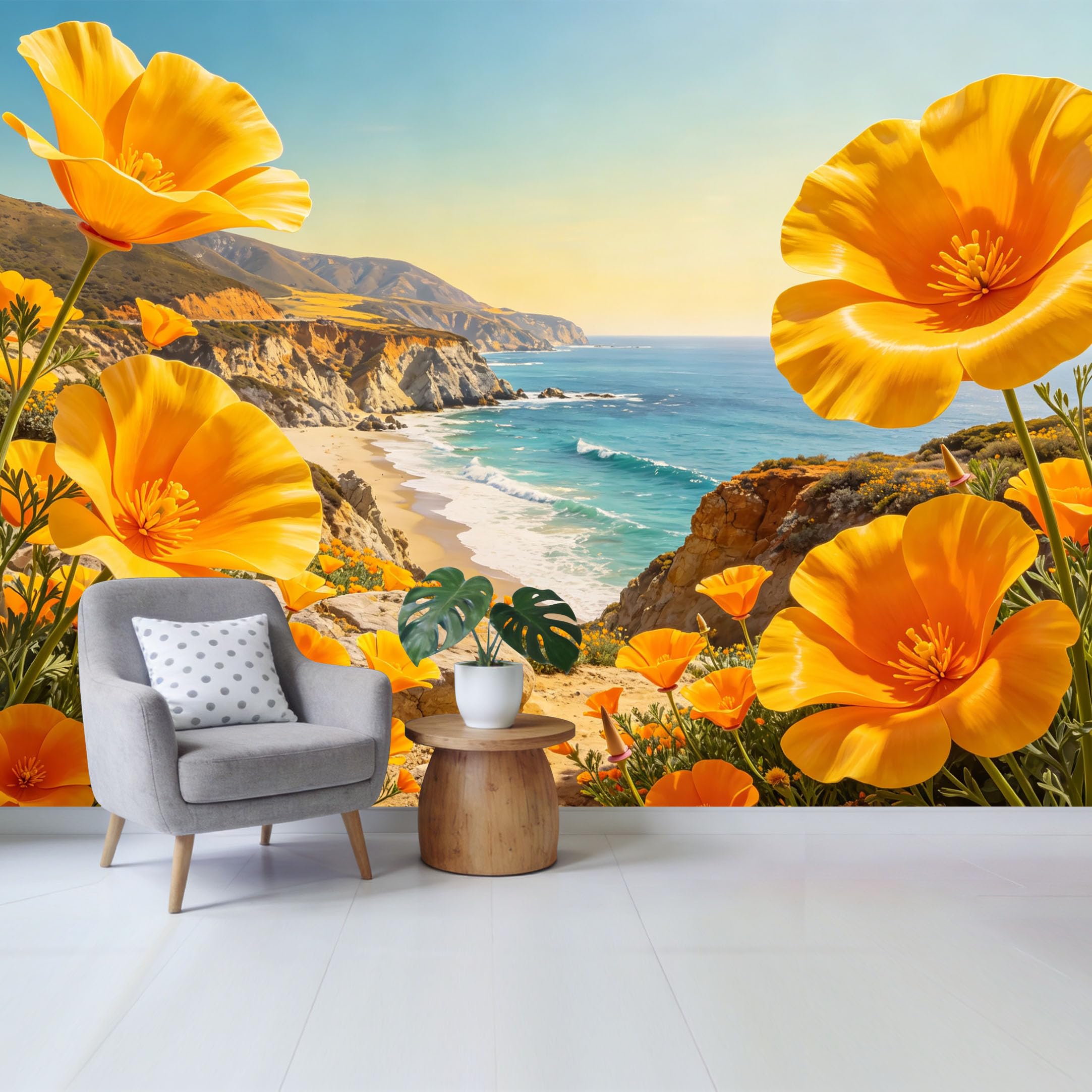 Qzlithotic Yq2605250524 Custom Size Wall Mural Golden Yellow California Poppy Coastal Ocean Landscape View 3D Trompe L'oeil Selfadhesive Wall Fabric Removable Wallpaper For Home Office Decor
