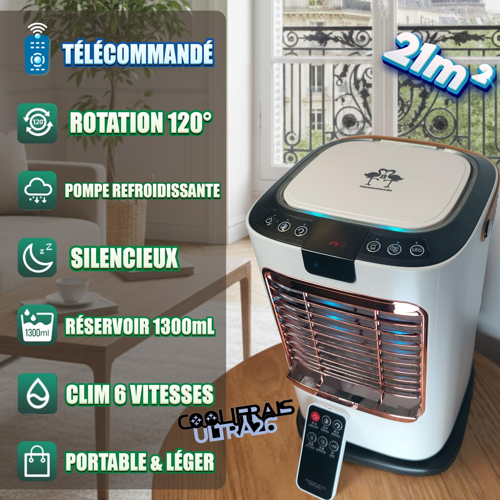 Cooli Frais ULTRA 26 TÉLÉCOMMANDÉ – Rafraîchisseur Mobile Rotatif 2026 Double Réservoir 1.3L (Eau + Glace) 6 Vitesses / 3 Modes – Rotation 120° – Rideau d’Eau + Double Pulvérisation USB Type-C Secteur