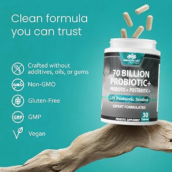 NaturaLife Labs Probiotics 70 Billion CFU 15 Strains + Organic Prebiotic & Postbiotic 3-in-1 Gut & Digestive Support Supports Occasional Bloating Women & Men Vegan 30 Caps (2 Pack)