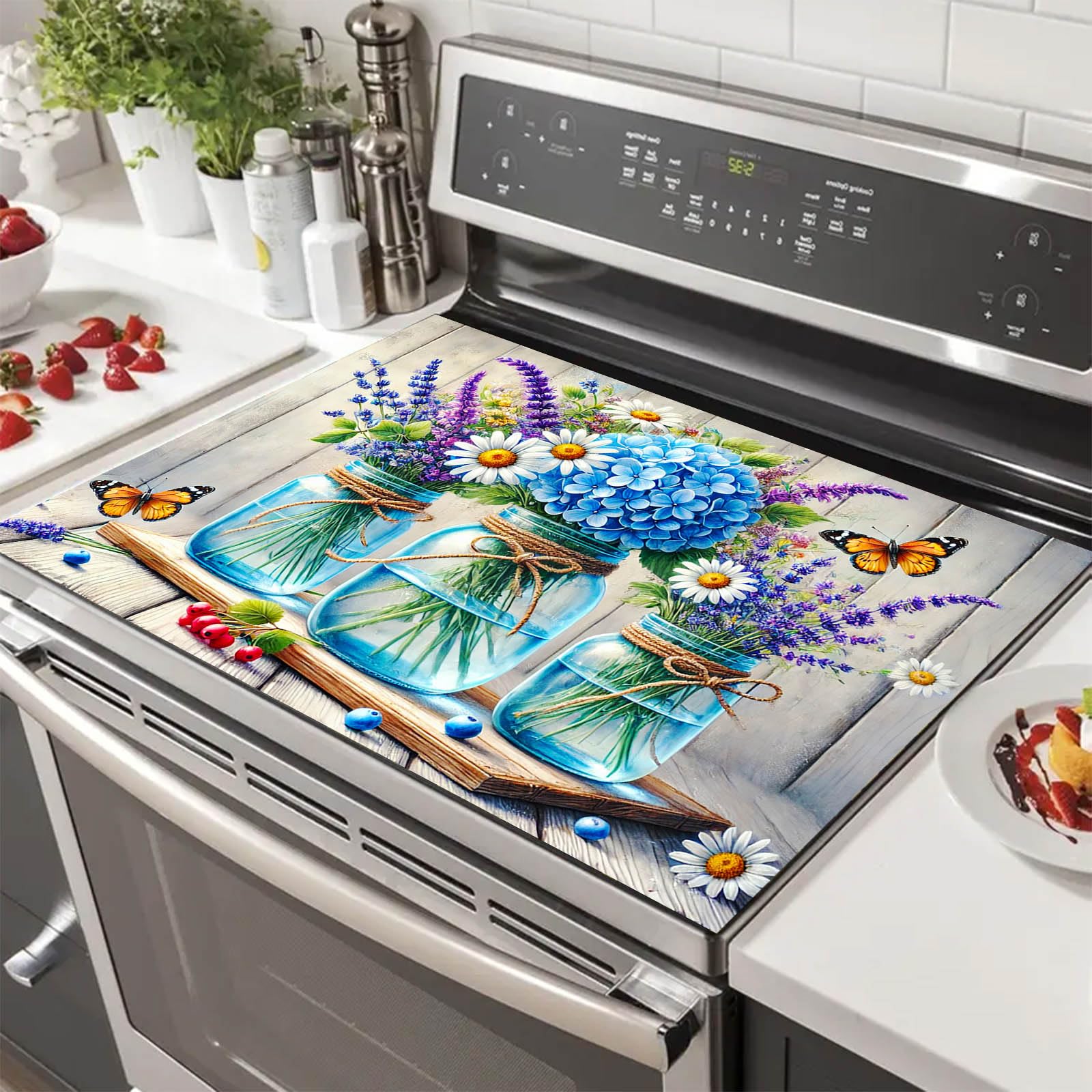 HOMETITTUTE Stove Top Covers for Electric 28x20 Inches Blue Mason Jar Flowers Butterfly Design Heat Resistant Cooktop Cover Dish Drying Mats for Kitchen Coffee Bar Countertop Protector