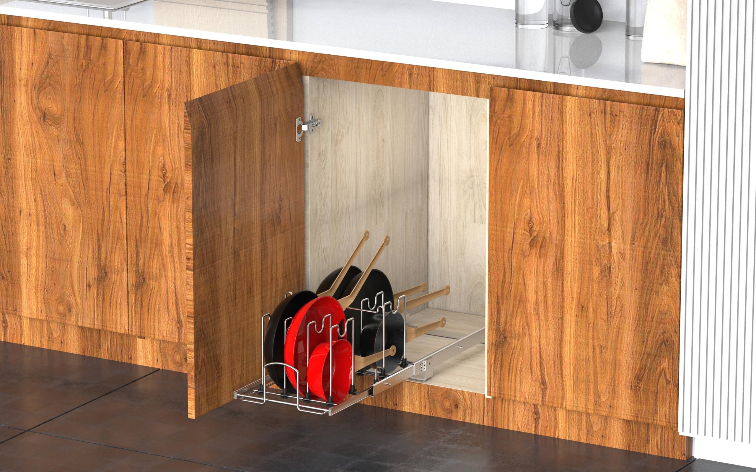 Ausziehbarer Organizer für Töpfe und Pfannen, unter dem Schrank, verstellbarer ausziehbarer Pfannen- und Topfdeckel-Halter, Draht-Trennwände, Küchenorganisation und Aufbewahrung,