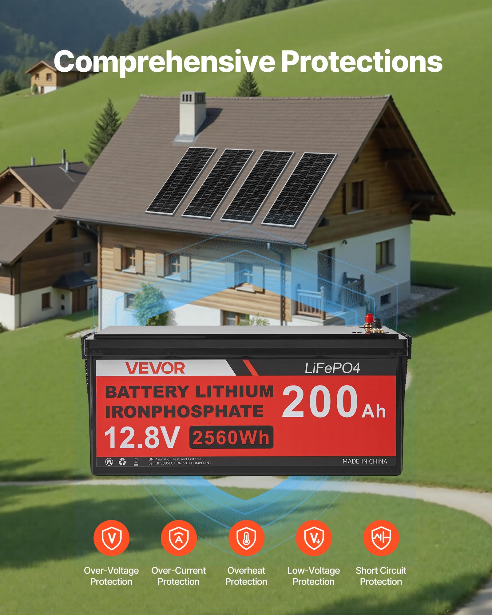 VEVOR 400W Solaranlage Komplettset, Insel Solaranlage Inkl. 4x 100W Mono-Solarpanele 12,8V 200Ah LiFePO4 Stromspeicher 40A MPPT Laderegler & 12V 2000W Wechselrichter, Photovoltaik Inselanlage für Heim