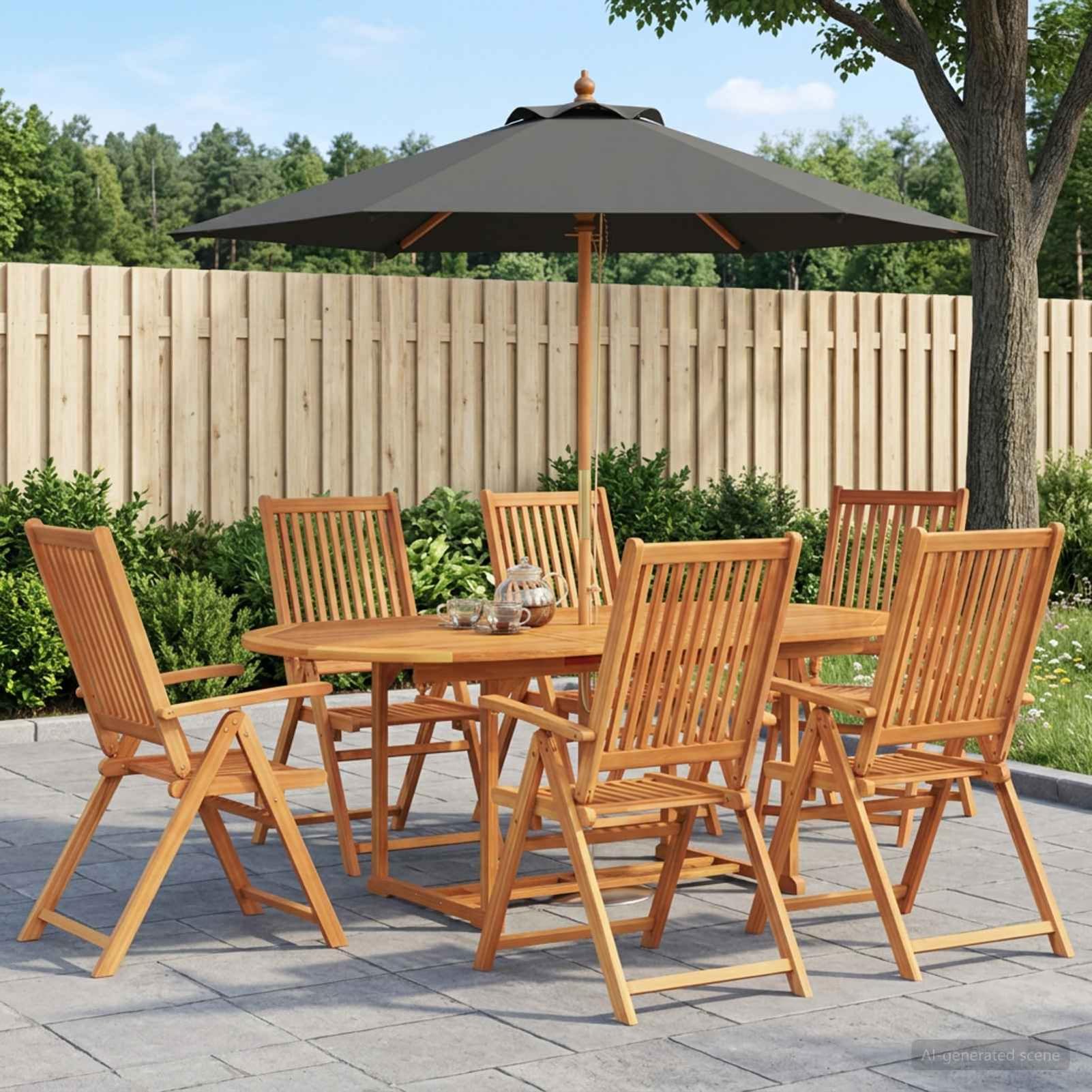 Homgoday Essgruppe für draußen mit Sonnenschirm 8 stk. 6-Sitzer, Massivholz Akazie, Anthrazit und Natur, ausziehbarer Tisch 200x100x74 cm, 5-fach verstellbare Stühle, UV-beständig, wetterfest, für Gar