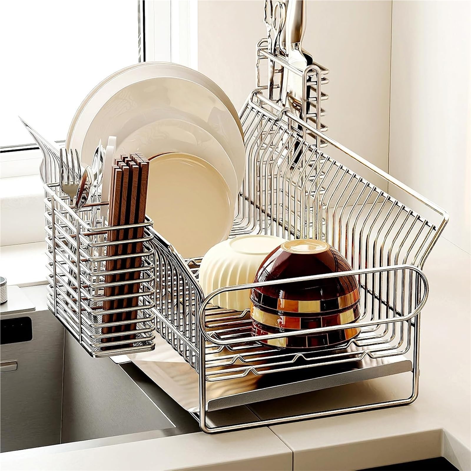 WLH Alexanders Dish Rack with Drip Tray Stainless Steel Drainer Dish Drying Rack for Kitchen Counter Sink Countertop,Cutlery dish rack