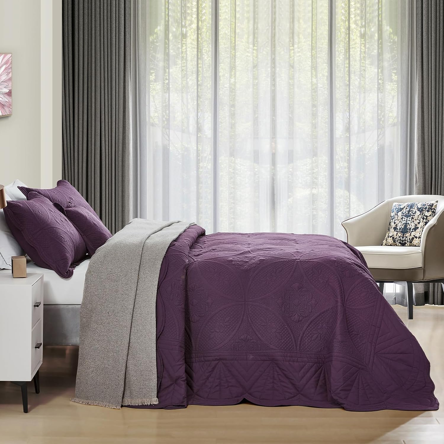 Oversized Bedspread - Queen Size Bedding Cover - Modern & Contemporary Coverlet Set, Real Stitching, Reversible, Lightweight, 5 Piece, Purple - Image 2