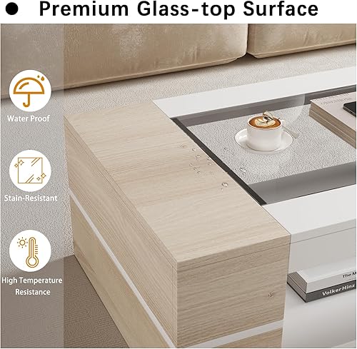 Miniatura 3 de Mesa de centro moderna y elegante de 47.2 pulgadas con parte superior de cristal, mesa grande para sala de estar, mesas centrales rectangulares de 2